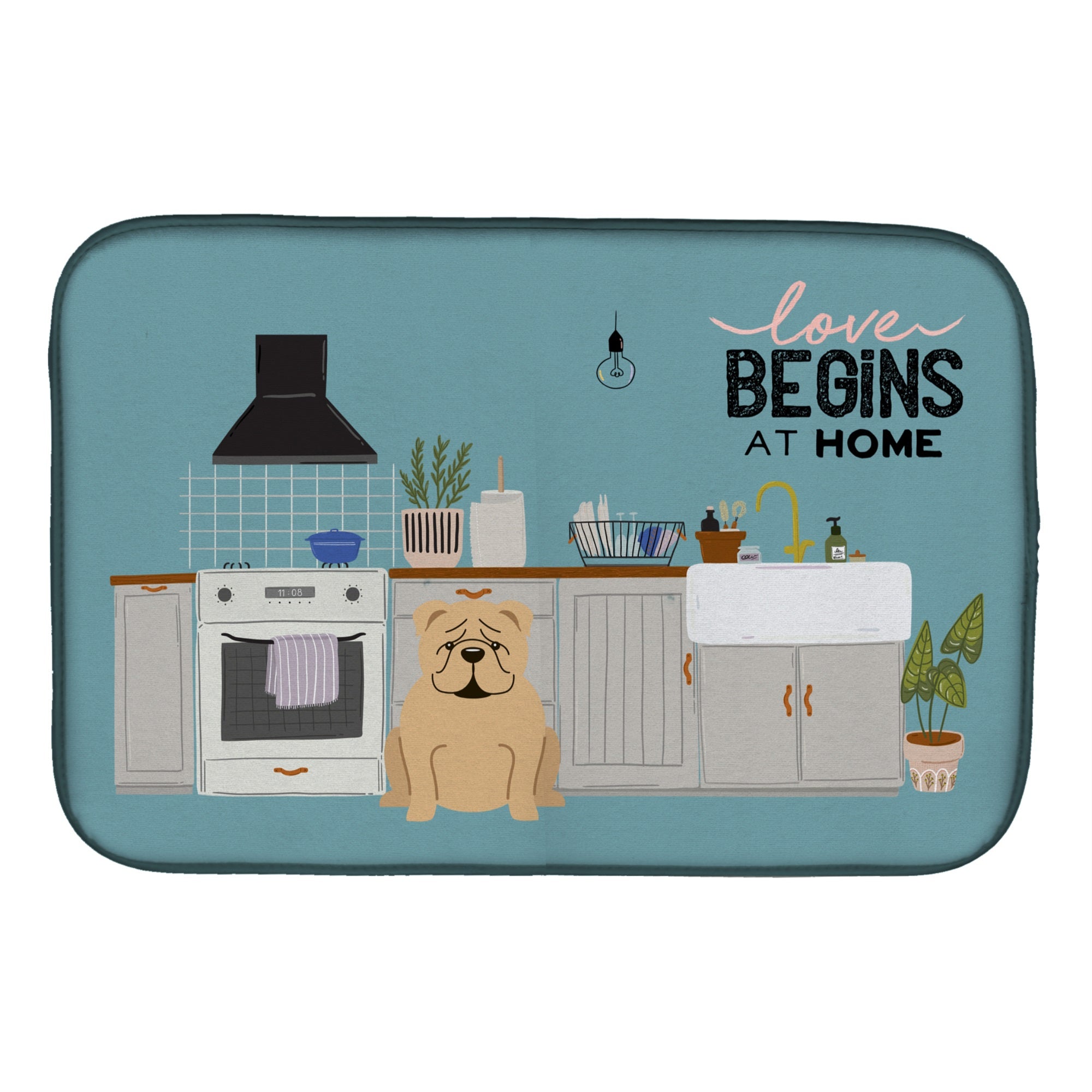 Fawn English Bulldog Kitchen Scene Dish Drying Mat