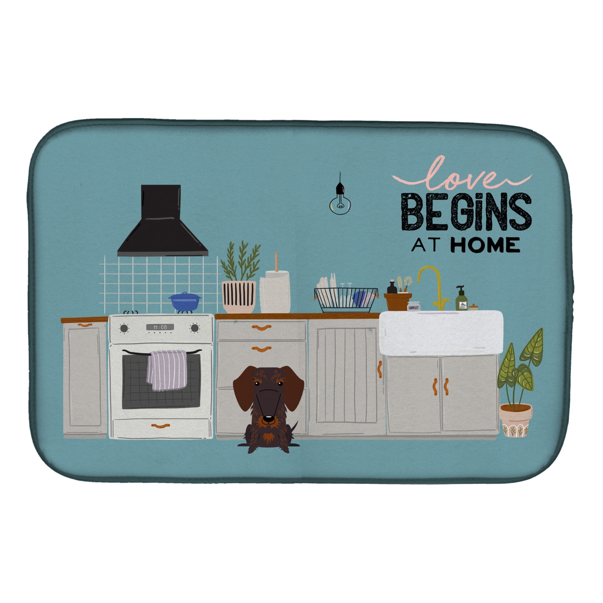 Chocolate Wire Haired Dachshund Kitchen Scene Dish Drying Mat