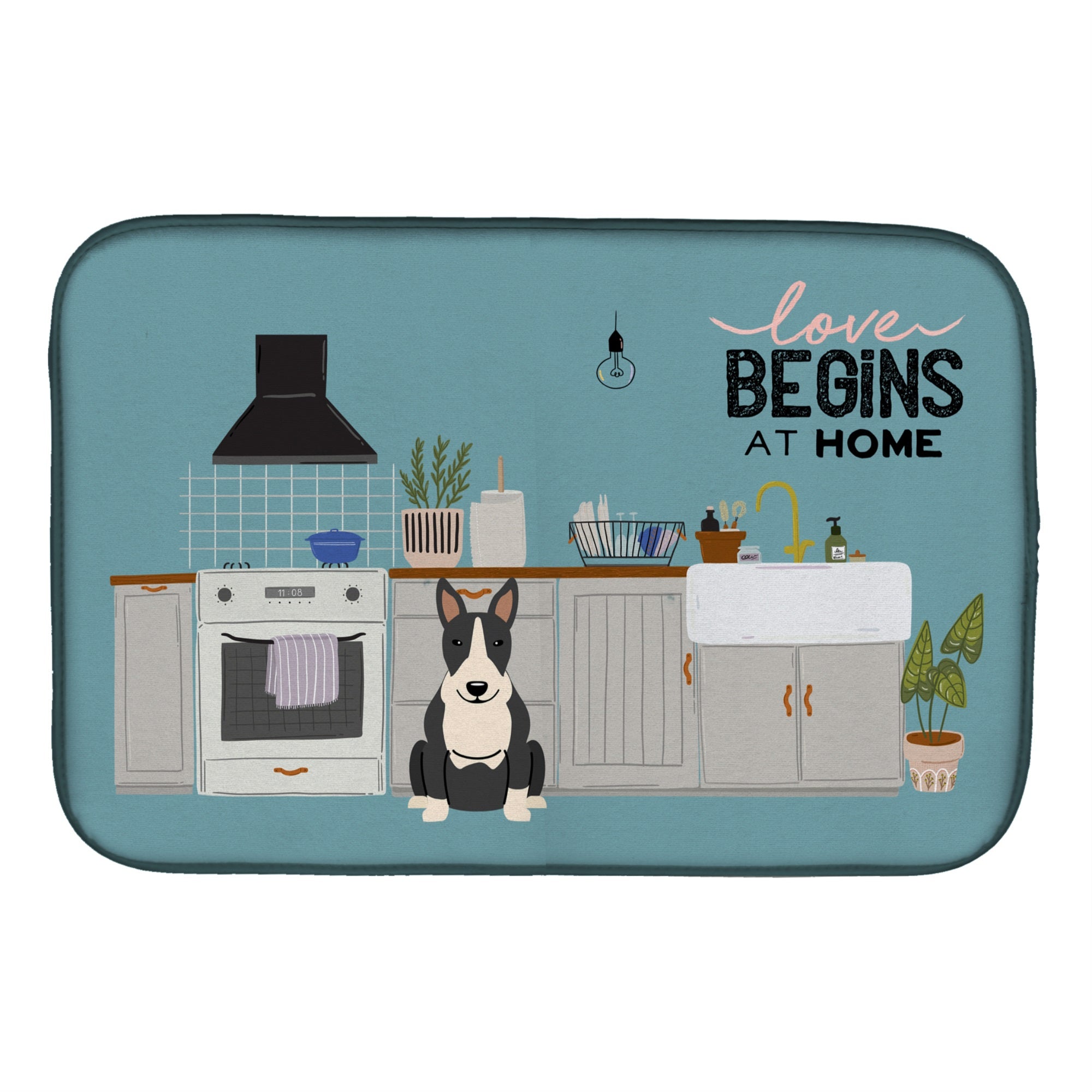Black White Bull Terrier Kitchen Scene Dish Drying Mat