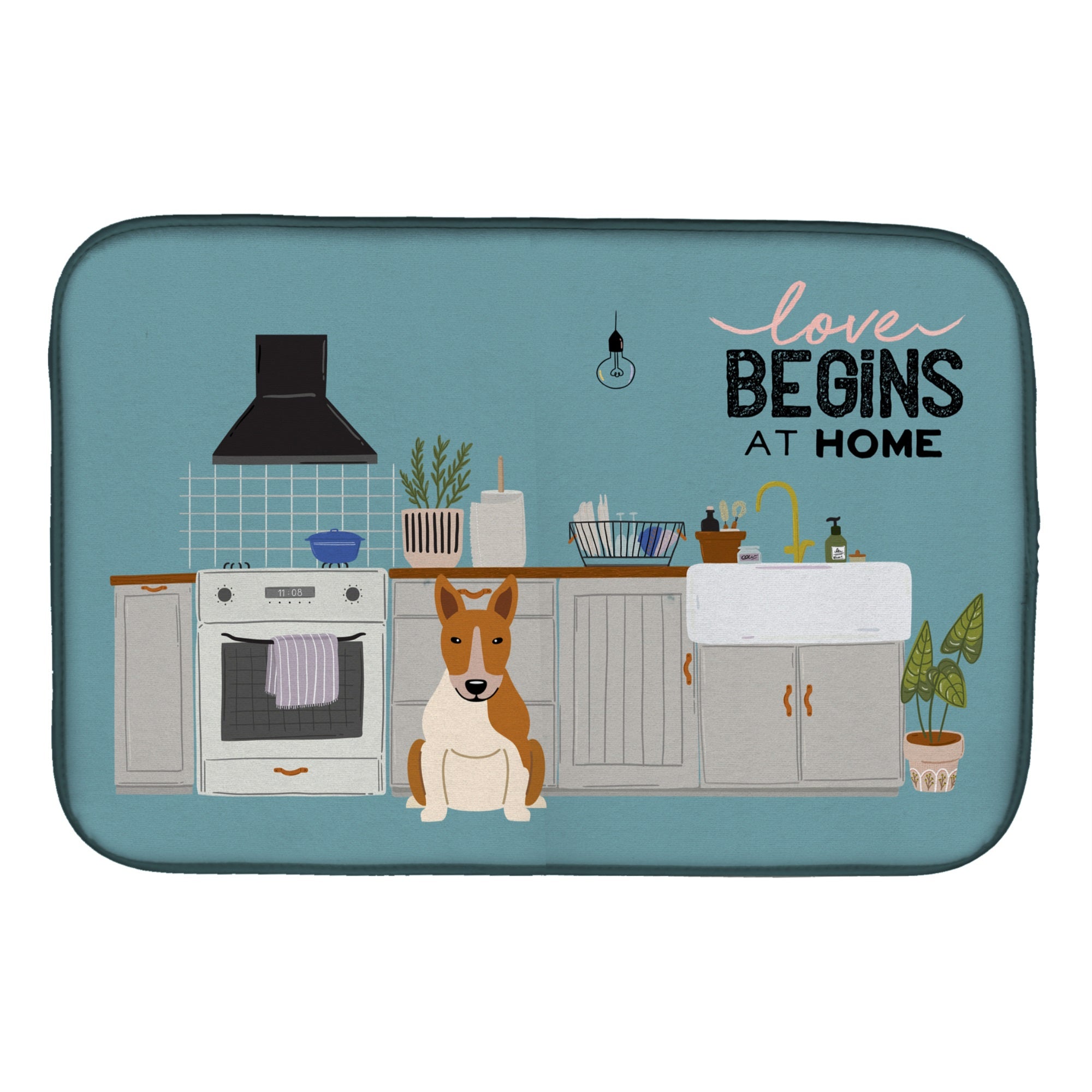 Red White Bull Terrier Kitchen Scene Dish Drying Mat