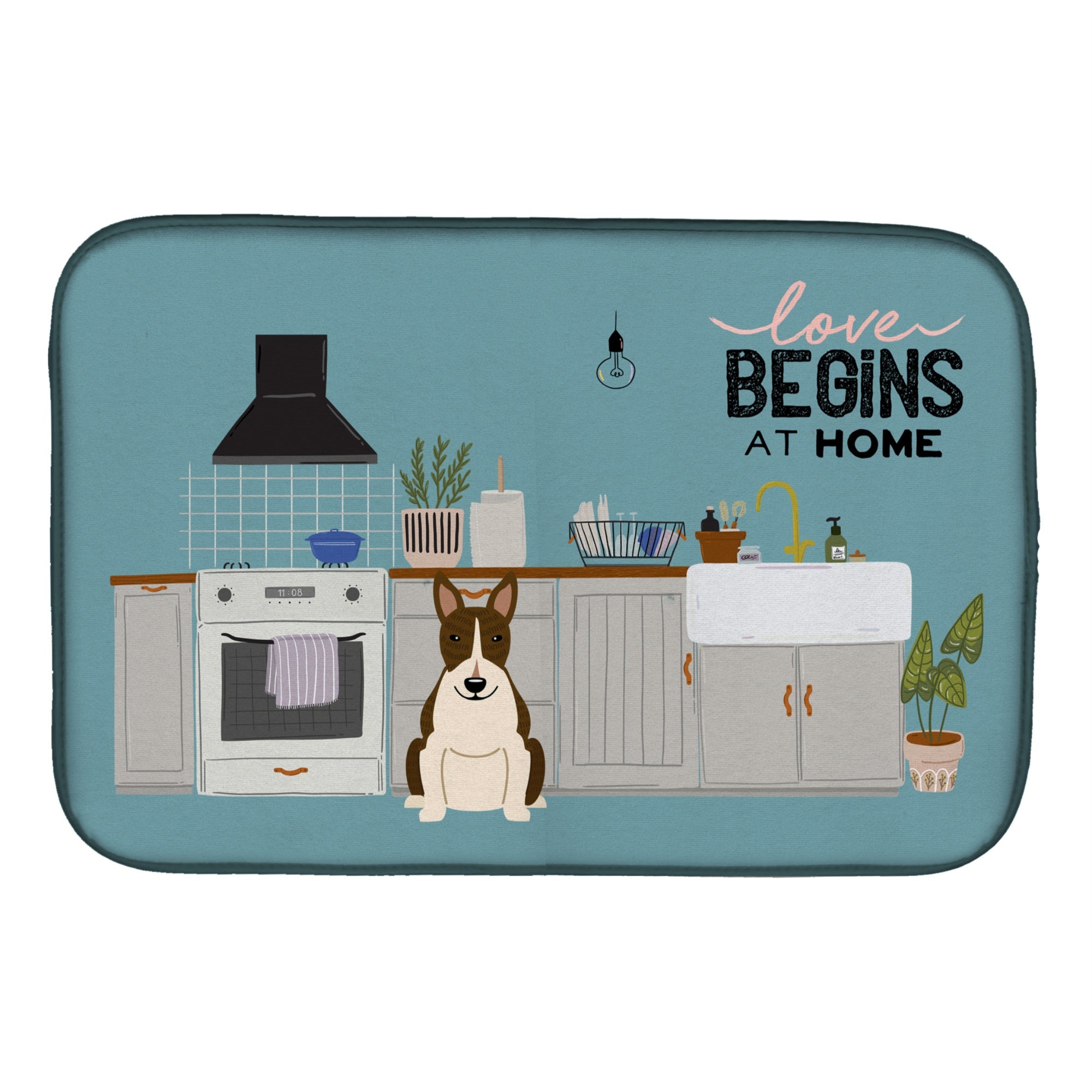 Dark Brindle Bull Terrier Kitchen Scene Dish Drying Mat
