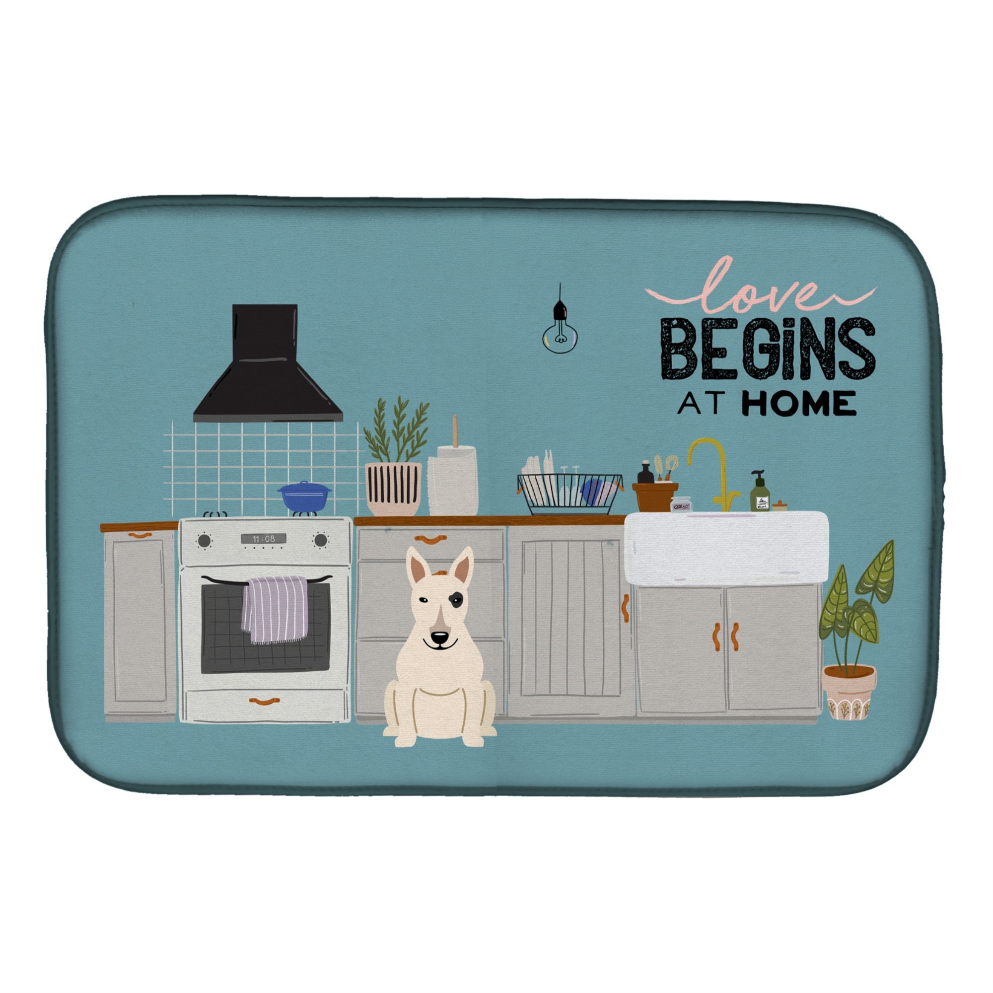 White Bull Terrier Kitchen Scene Dish Drying Mat