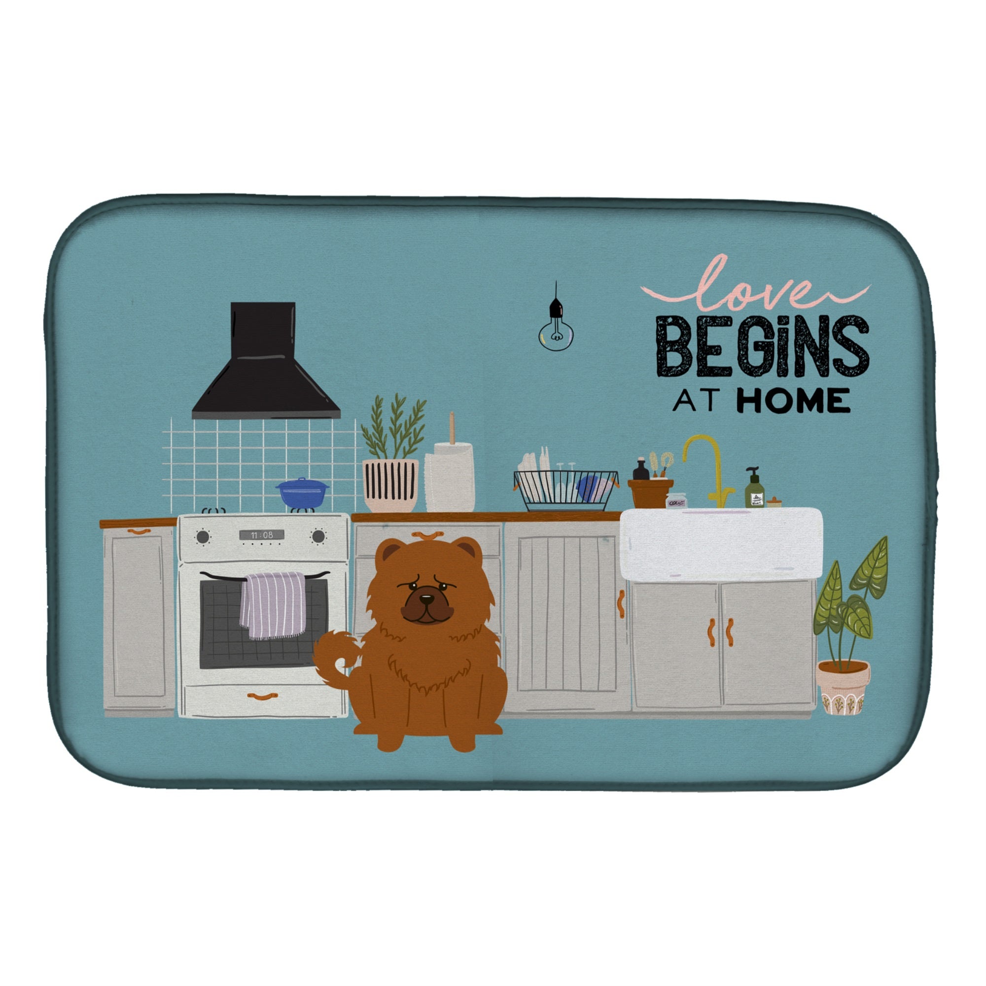 Red Chow Chow Kitchen Scene Dish Drying Mat