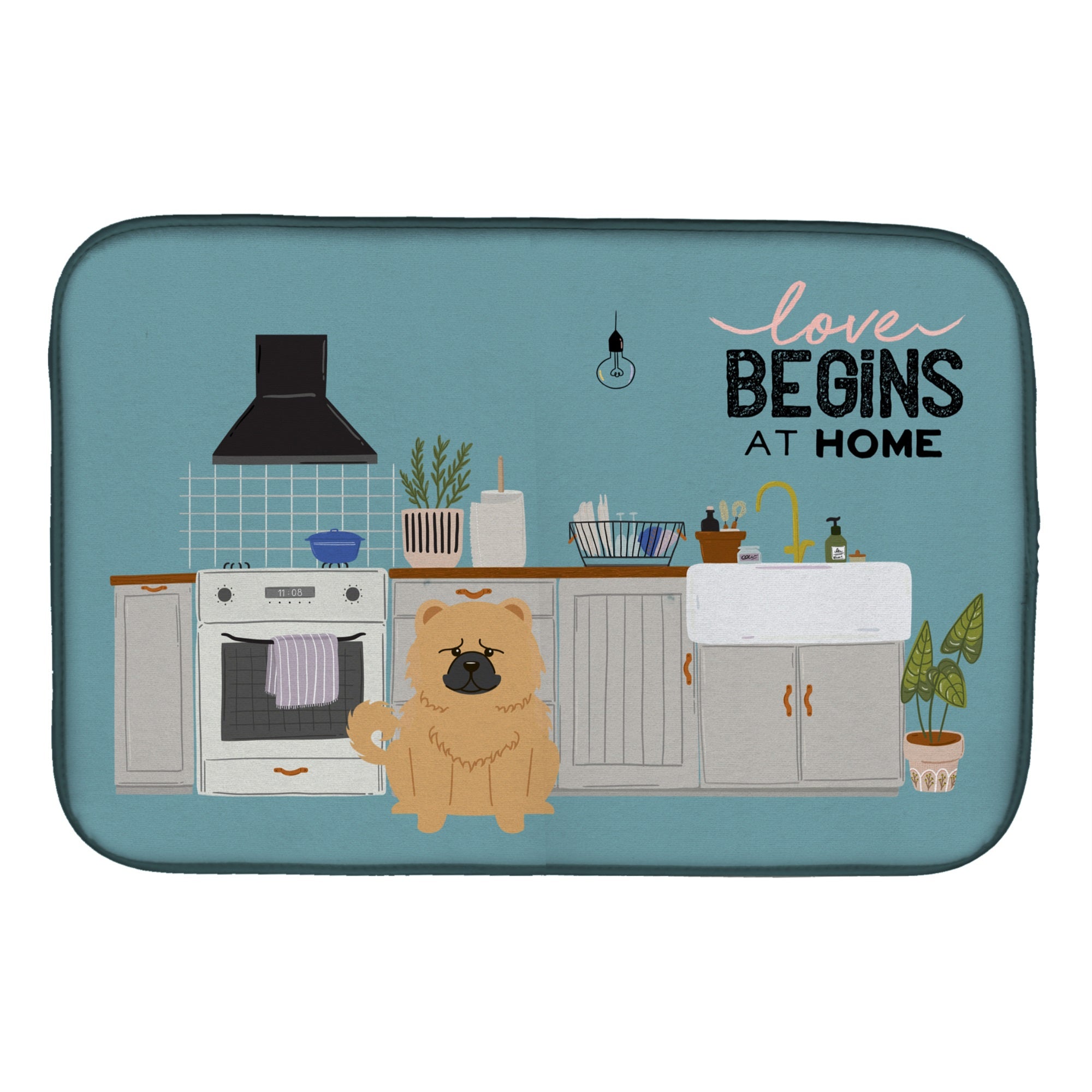 Cream Chow Chow Kitchen Scene Dish Drying Mat