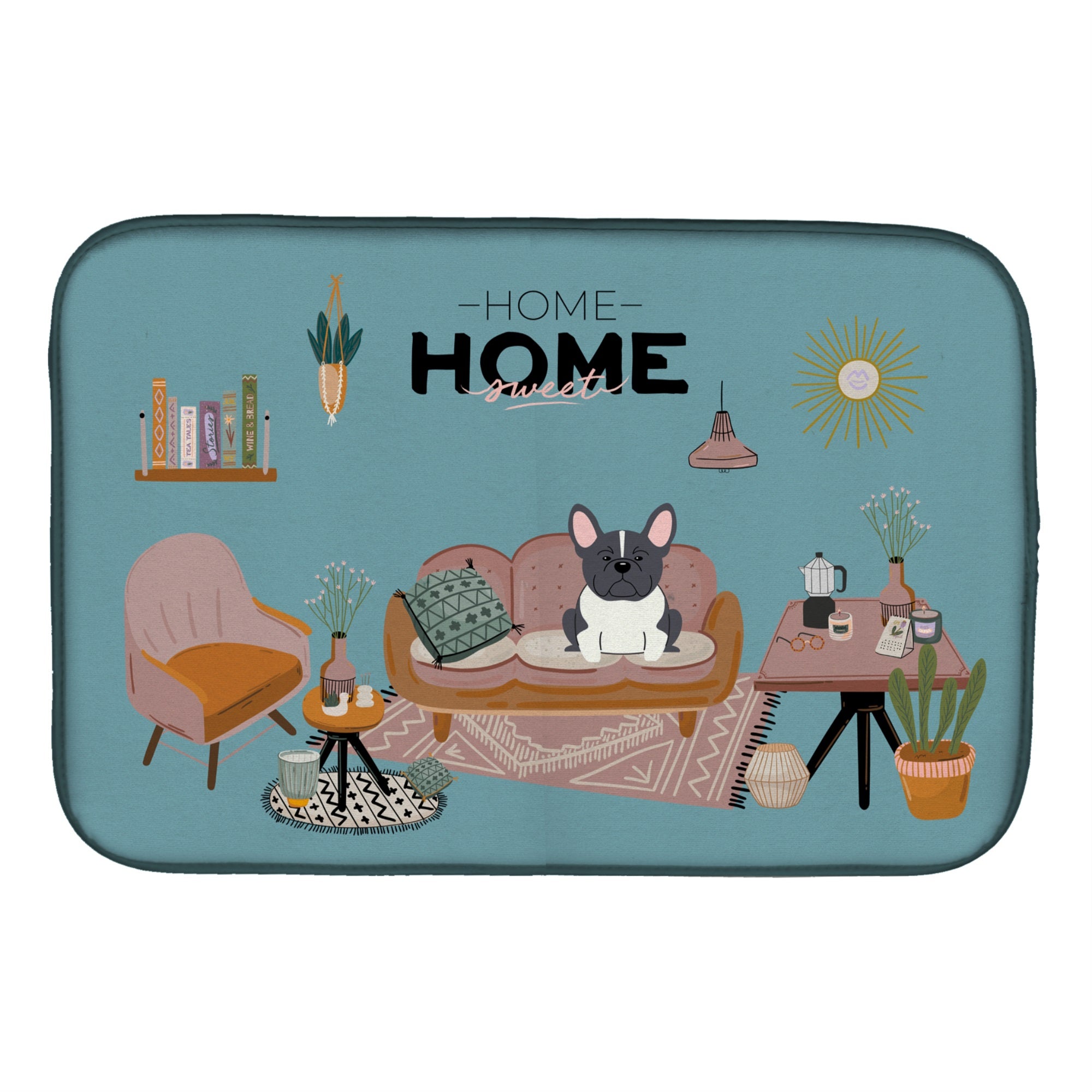 Black White French Bulldog Sweet Home Dish Drying Mat