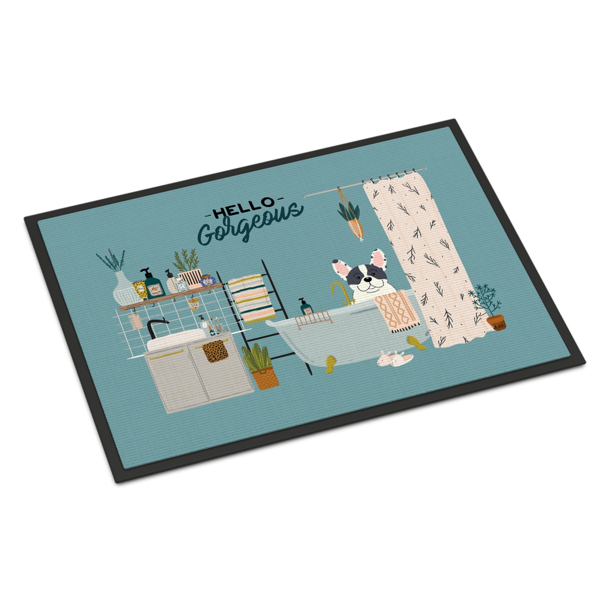 Piebald French Bulldog In Bathtub Indoor Or Outdoor Mat 24X36