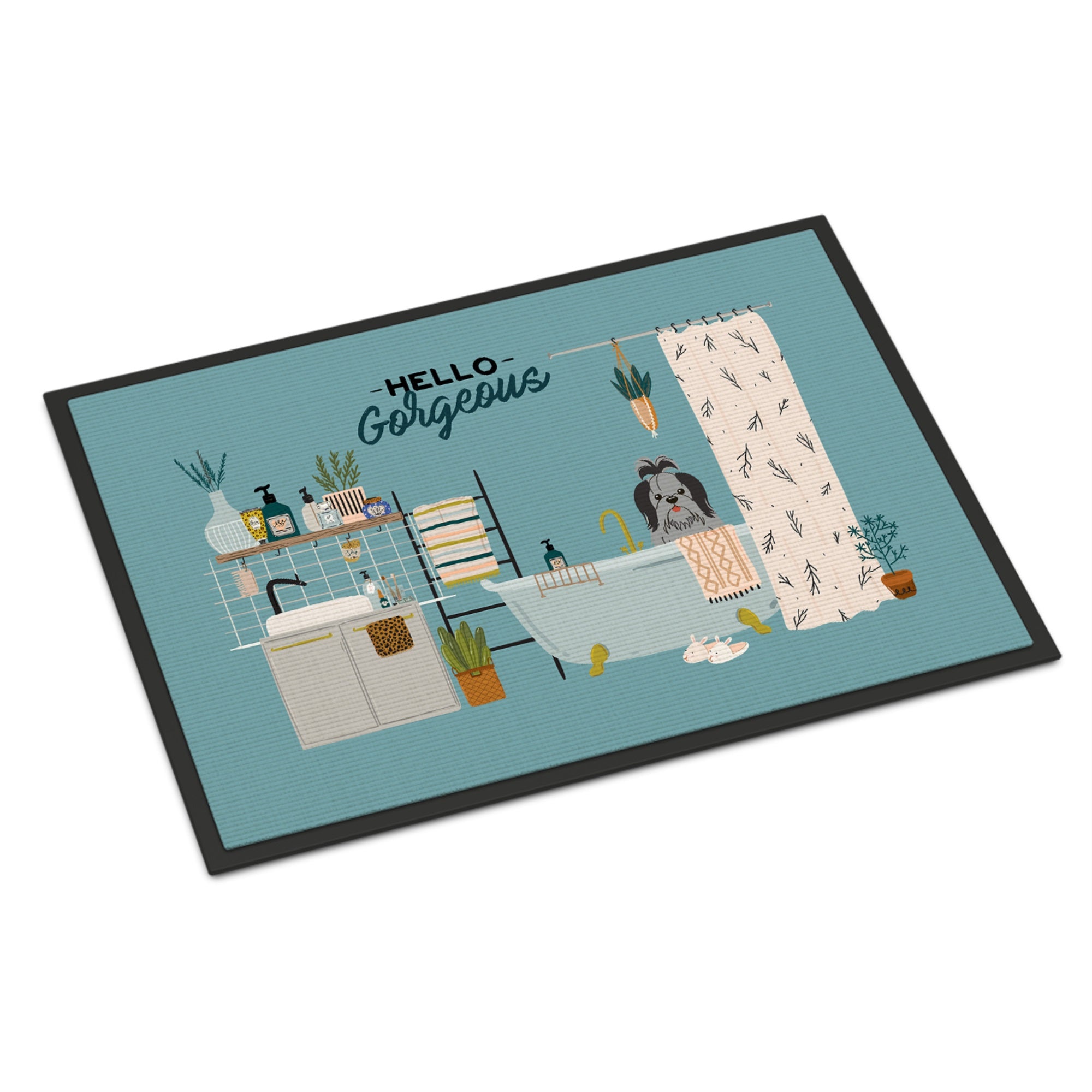 Black Silver Shih Tzu In Bathtub Indoor Or Outdoor Mat 24X36