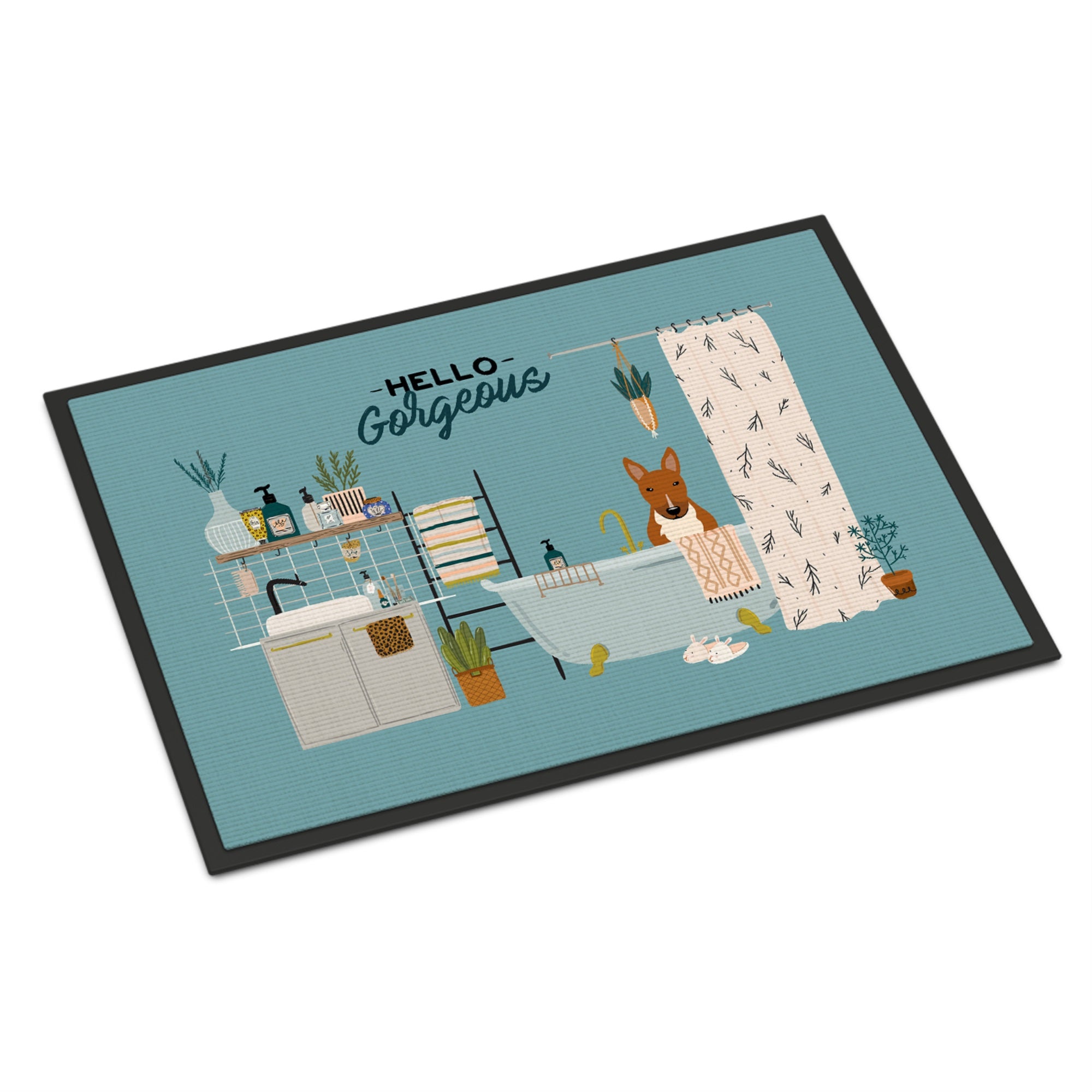 Red Bull Terrier In Bathtub Indoor Or Outdoor Mat 24X36