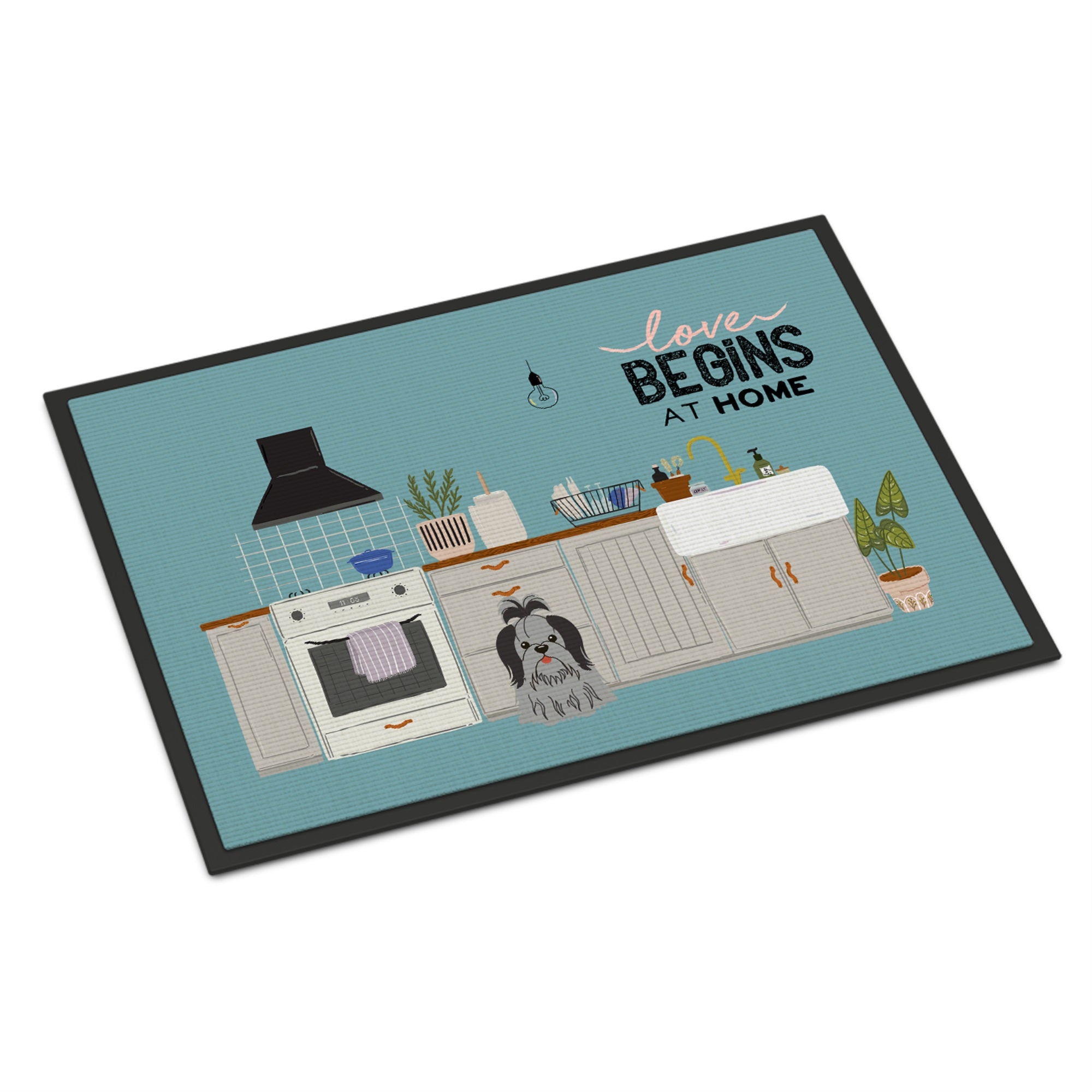 Black Silver Shih Tzu Kitchen Scene Indoor Or Outdoor Mat 24X36