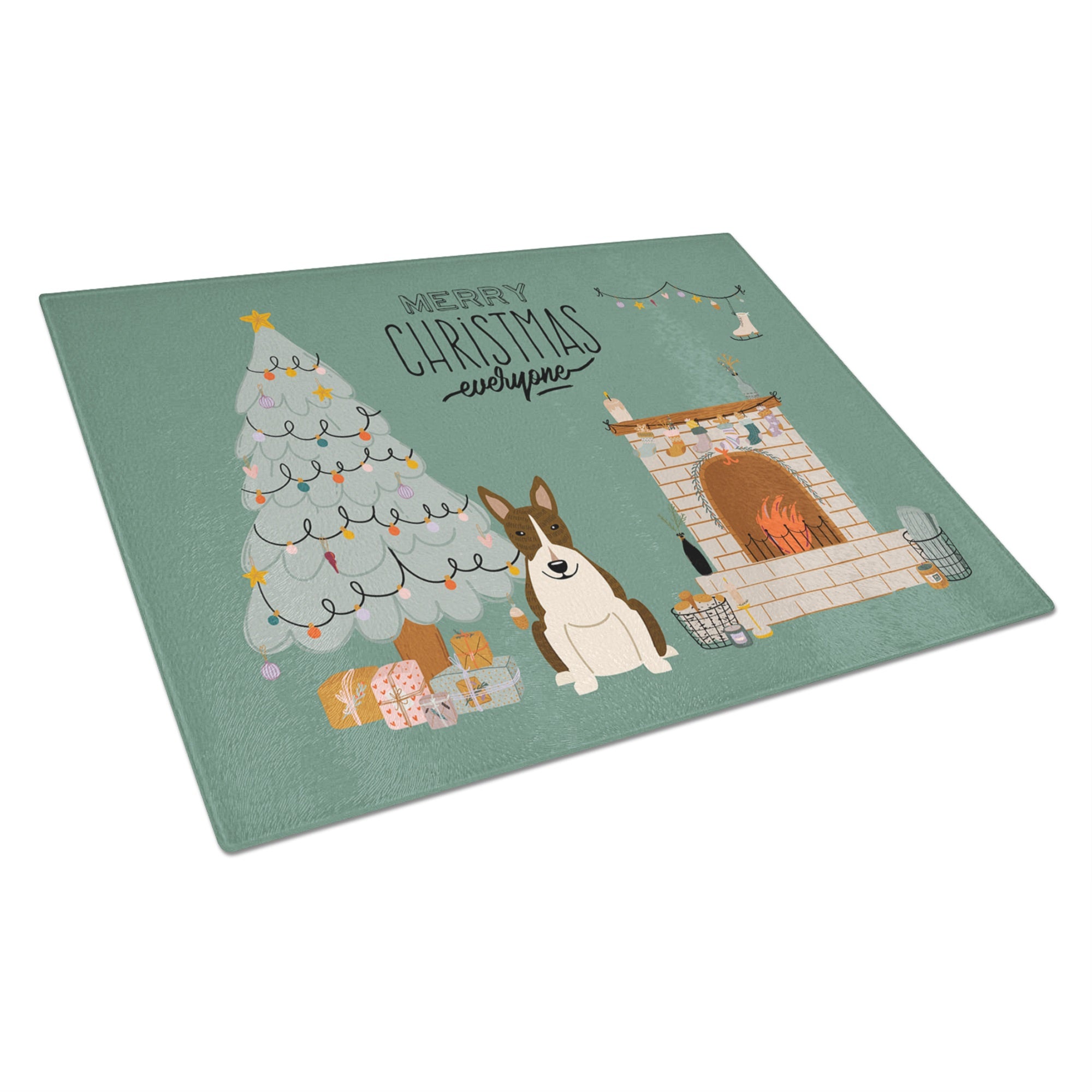 Dark Brindle Bull Terrier Christmas Everyone Glass Cutting Board Large