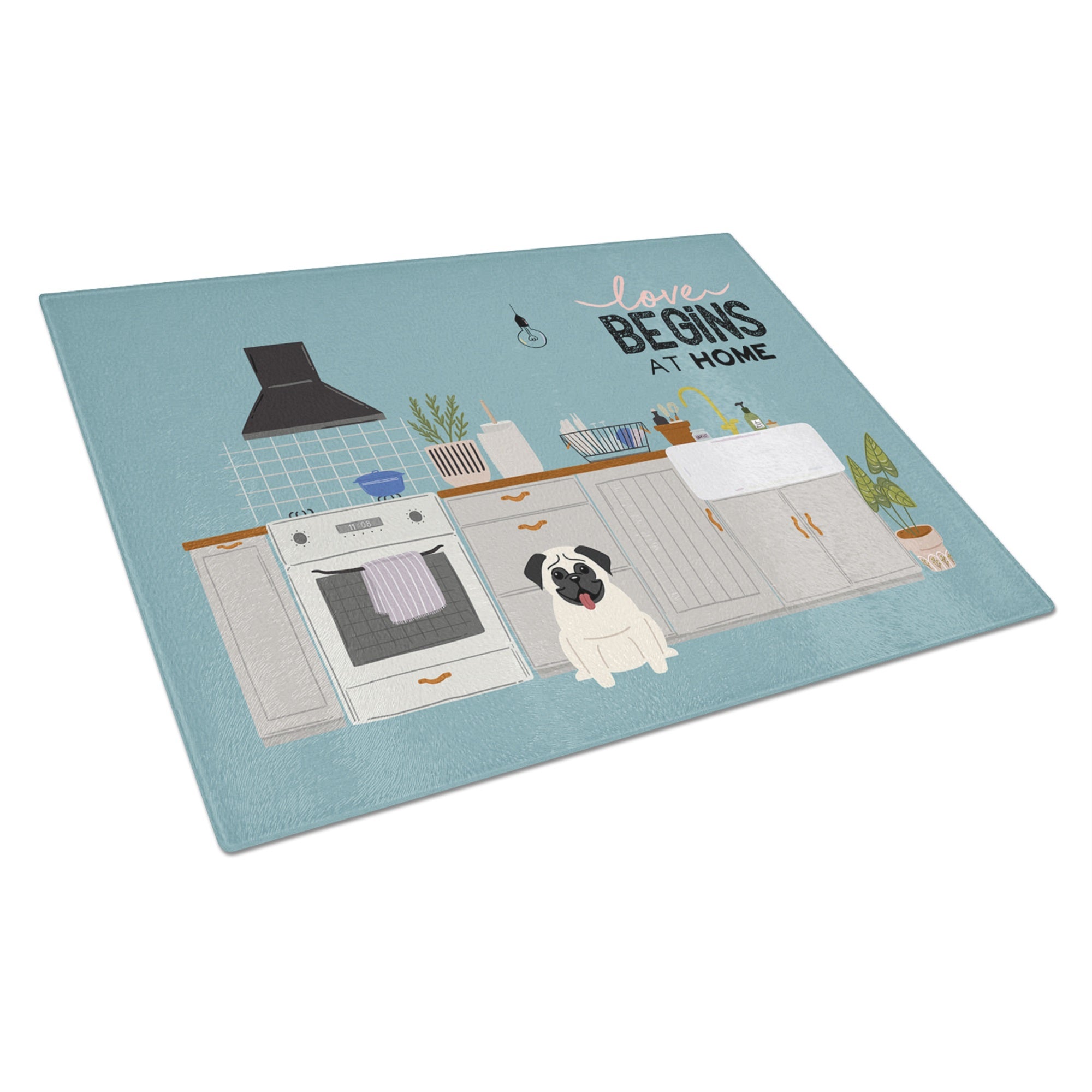 Cream Pug Kitchen Scene Glass Cutting Board Large
