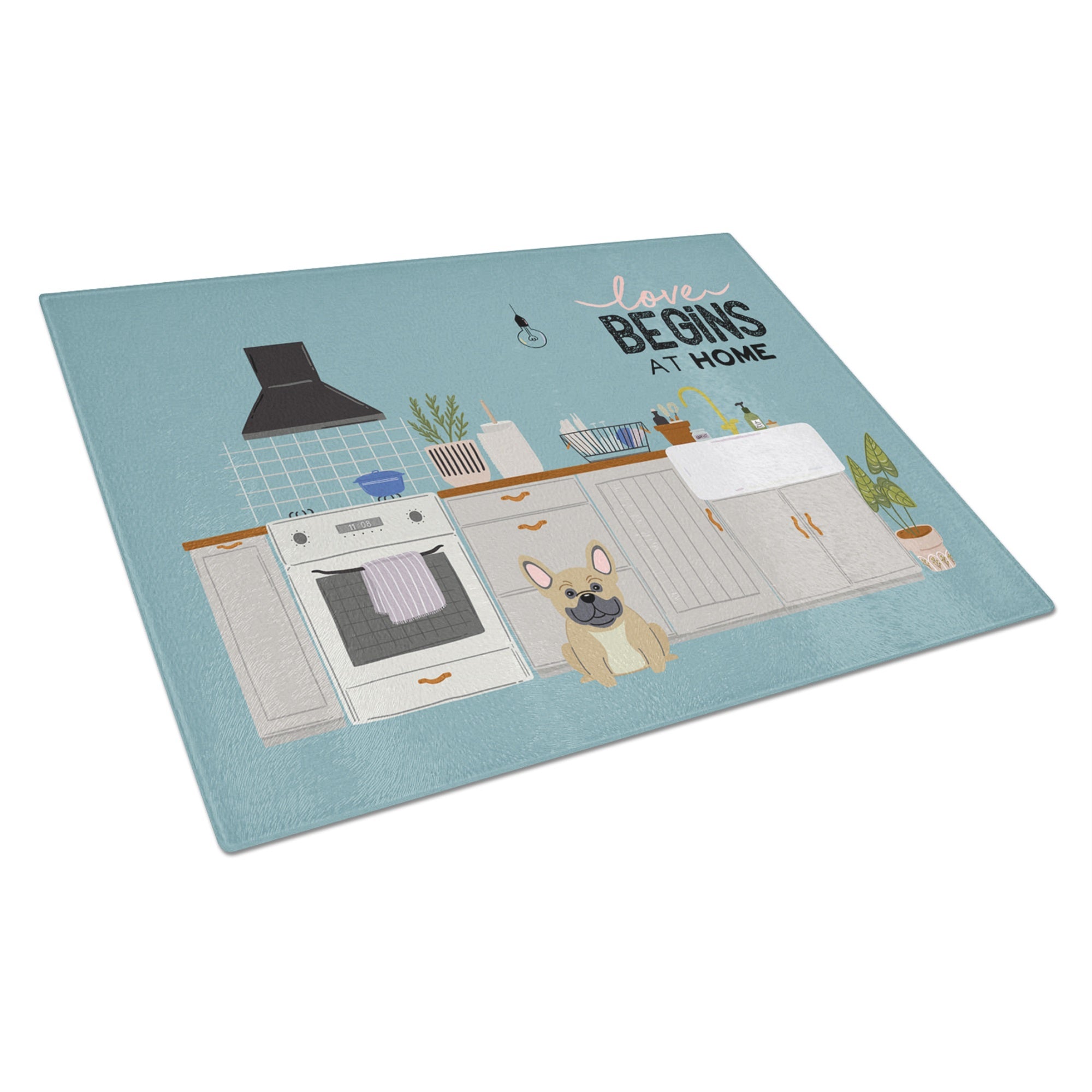 Cream French Bulldog Kitchen Scene Glass Cutting Board Large