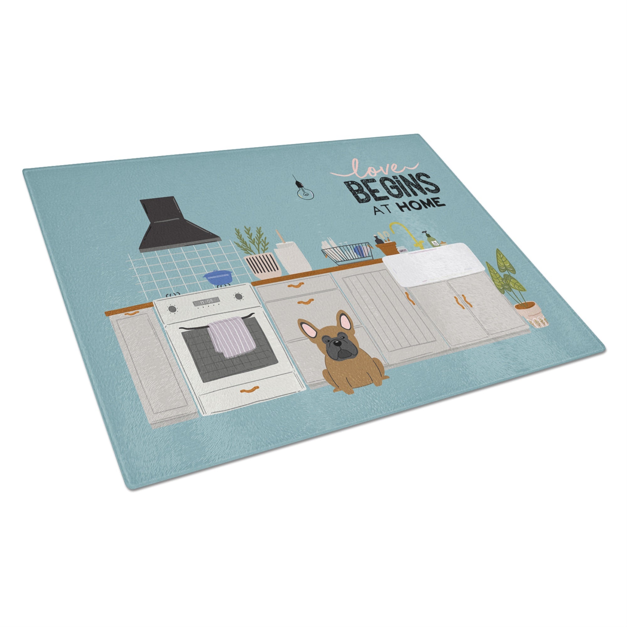 Brown French Bulldog Kitchen Scene Glass Cutting Board Large
