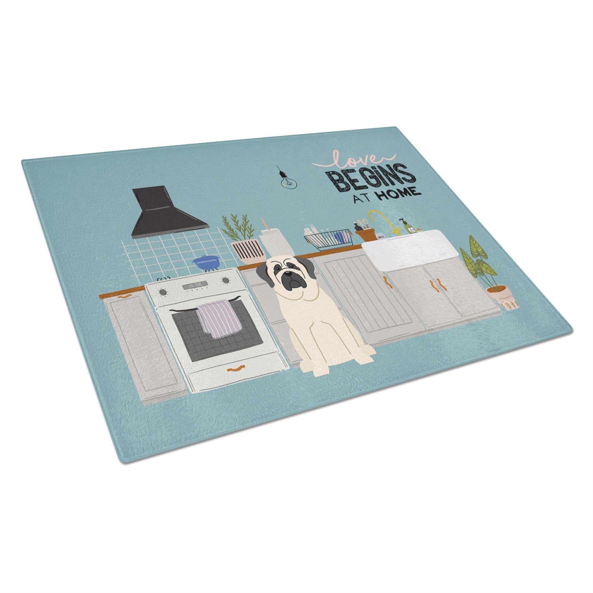 White Mastiff Kitchen Scene Glass Cutting Board Large