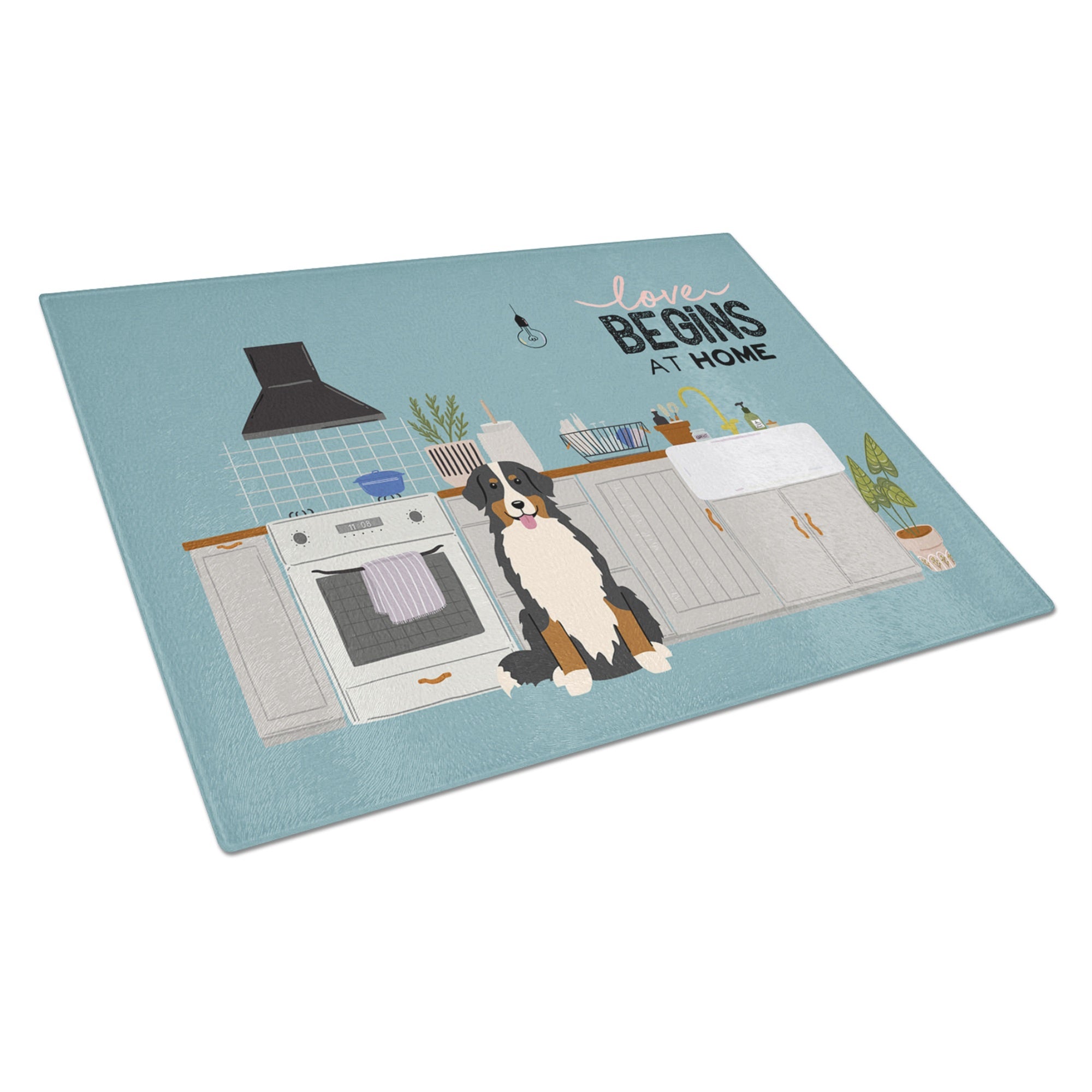 Bernese Mountain Dog Kitchen Scene Glass Cutting Board Large