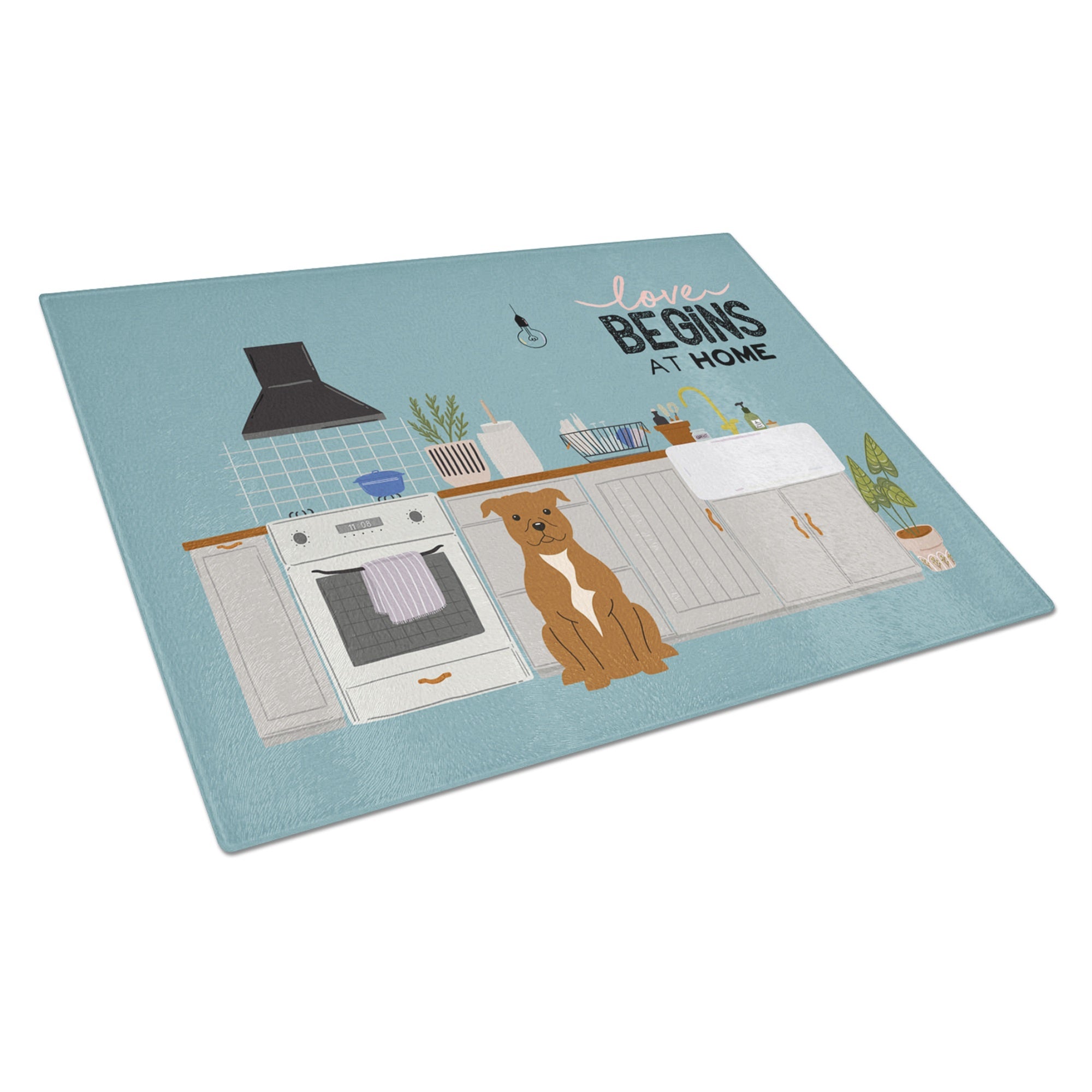 Brown Staffordshire Bull Terrier Kitchen Scene Glass Cutting Board Large