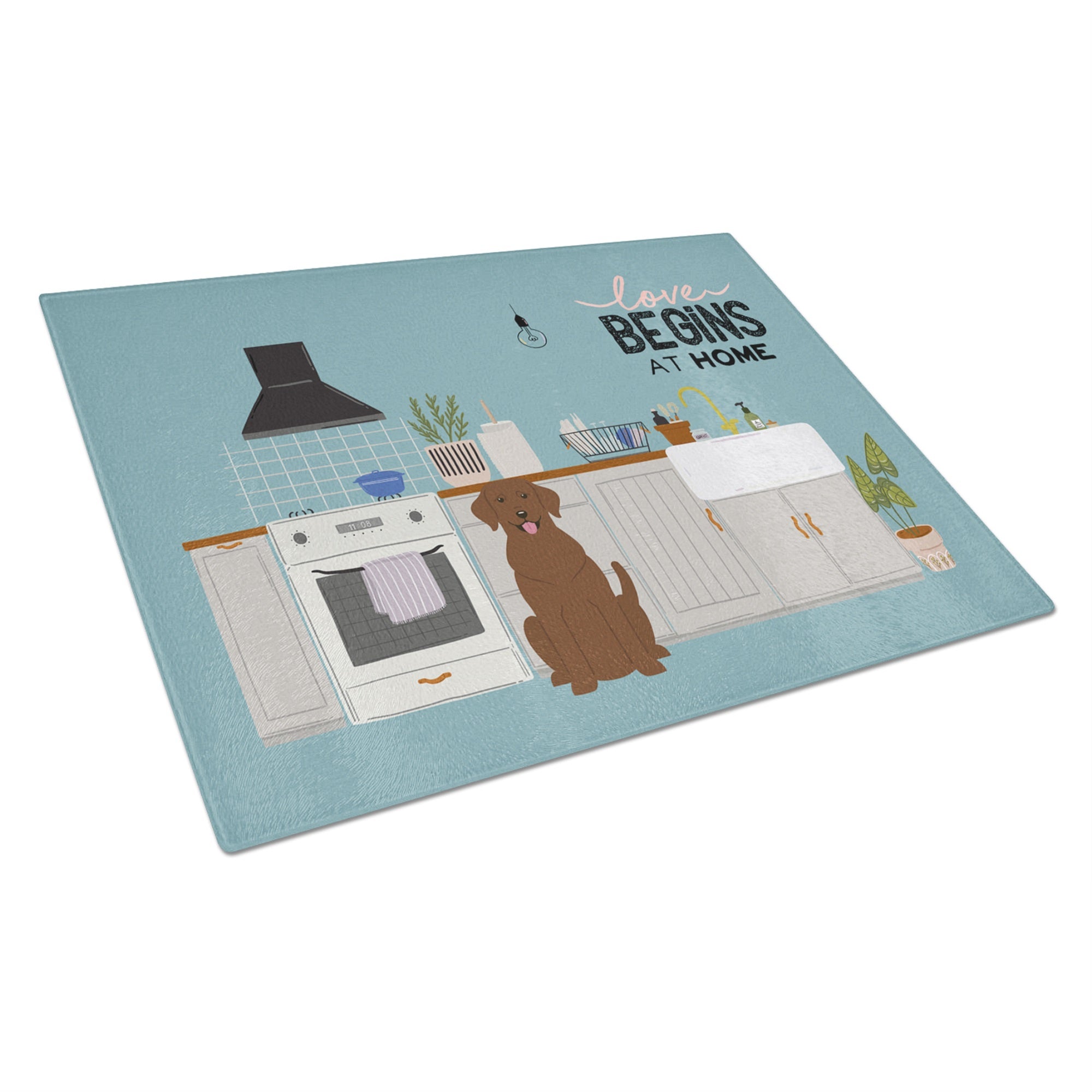 Chocolate Labrador Kitchen Scene Glass Cutting Board Large