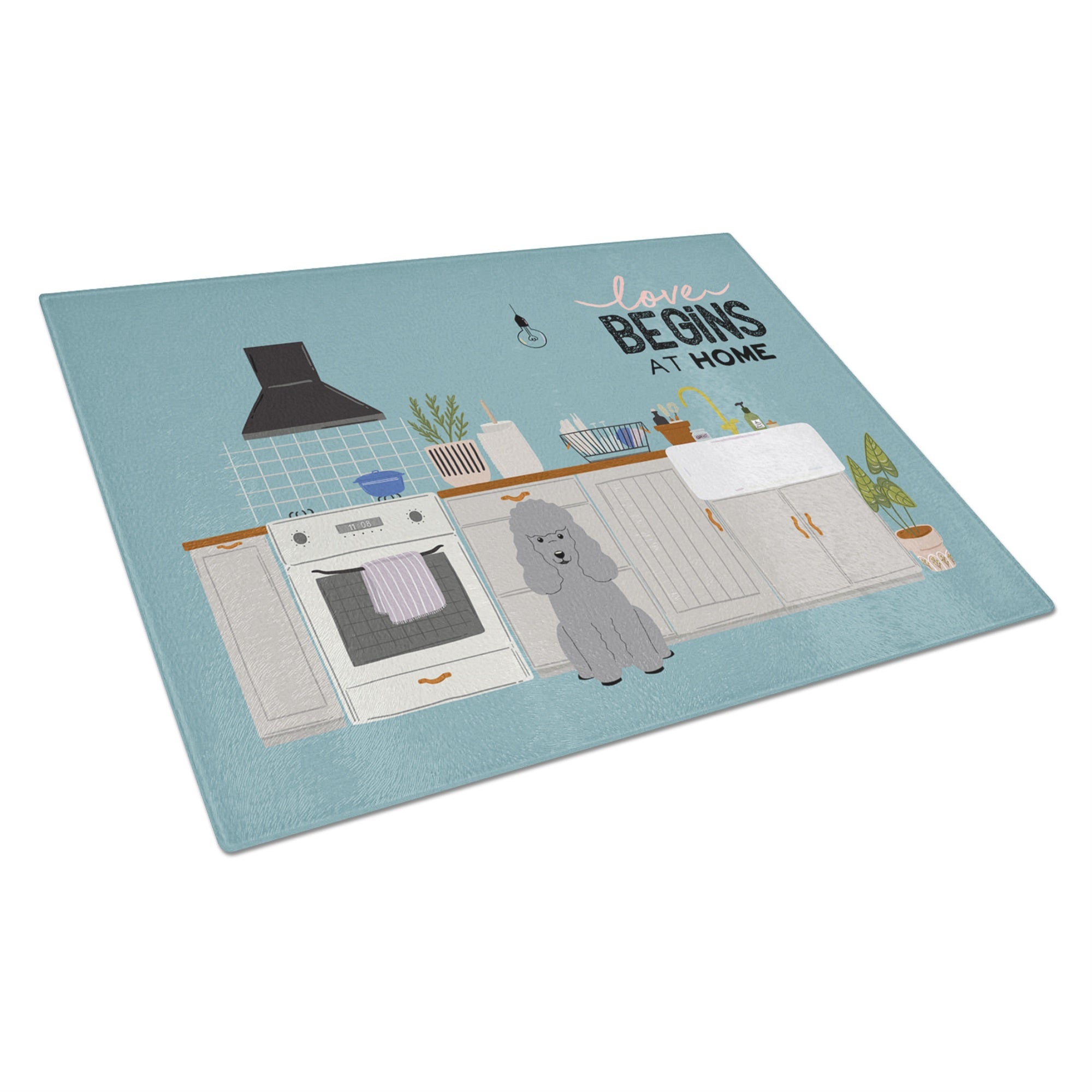 Silver Poodle Kitchen Scene Glass Cutting Board Large