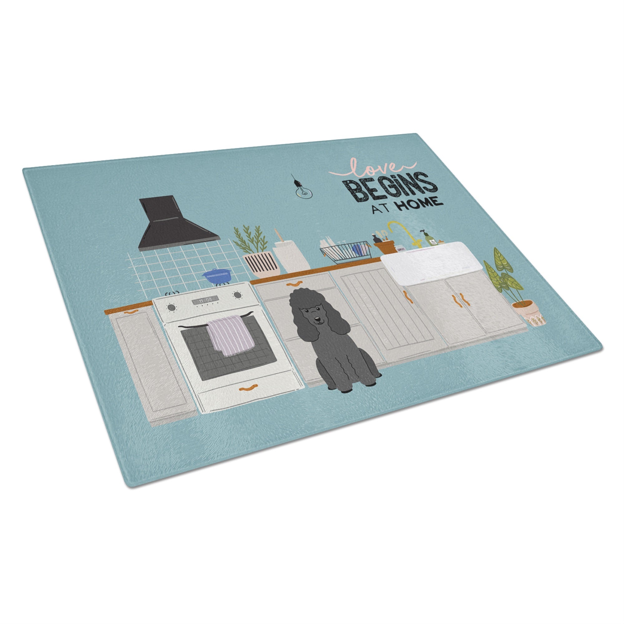 Black Poodle Kitchen Scene Glass Cutting Board Large