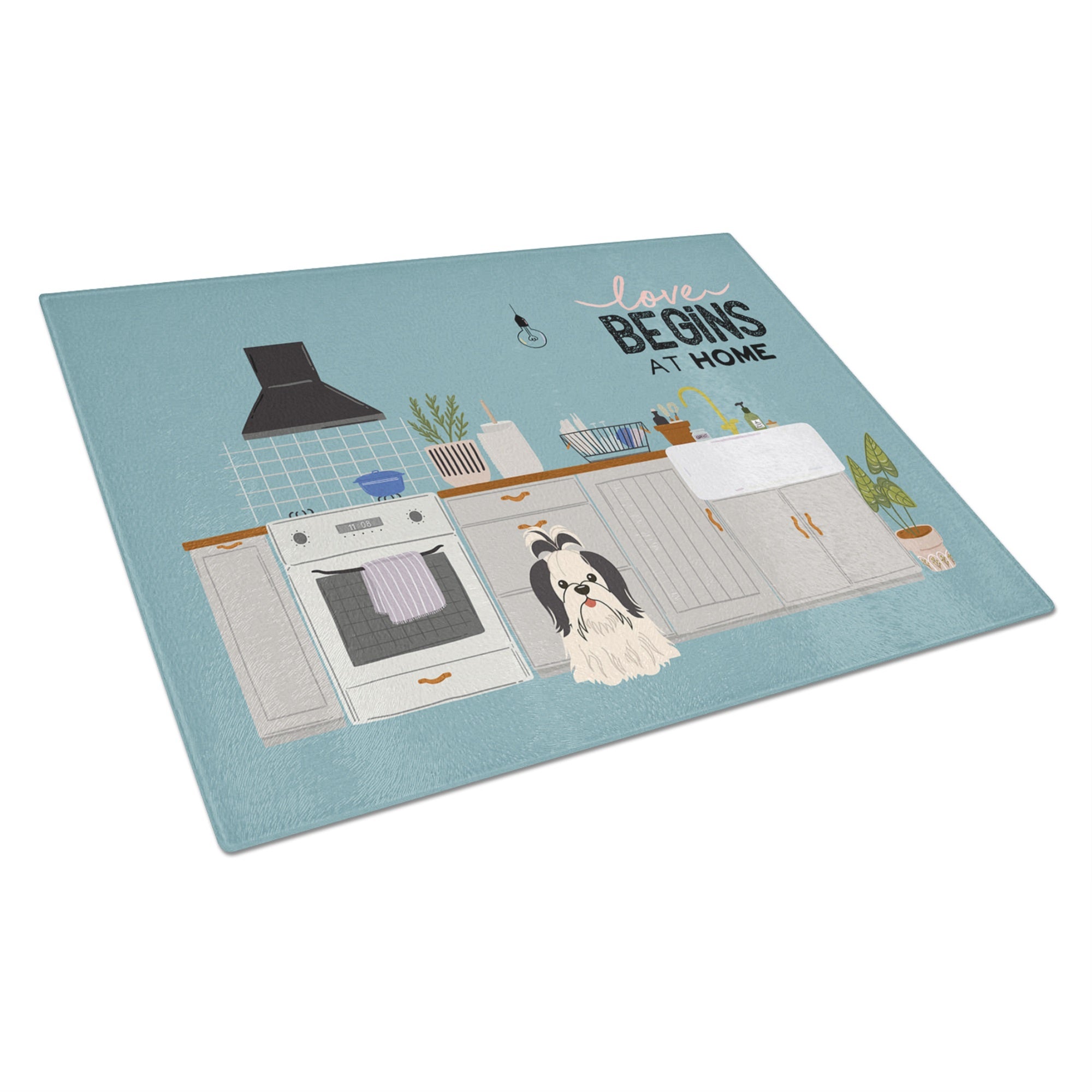 Black White Shih Tzu Kitchen Scene Glass Cutting Board Large