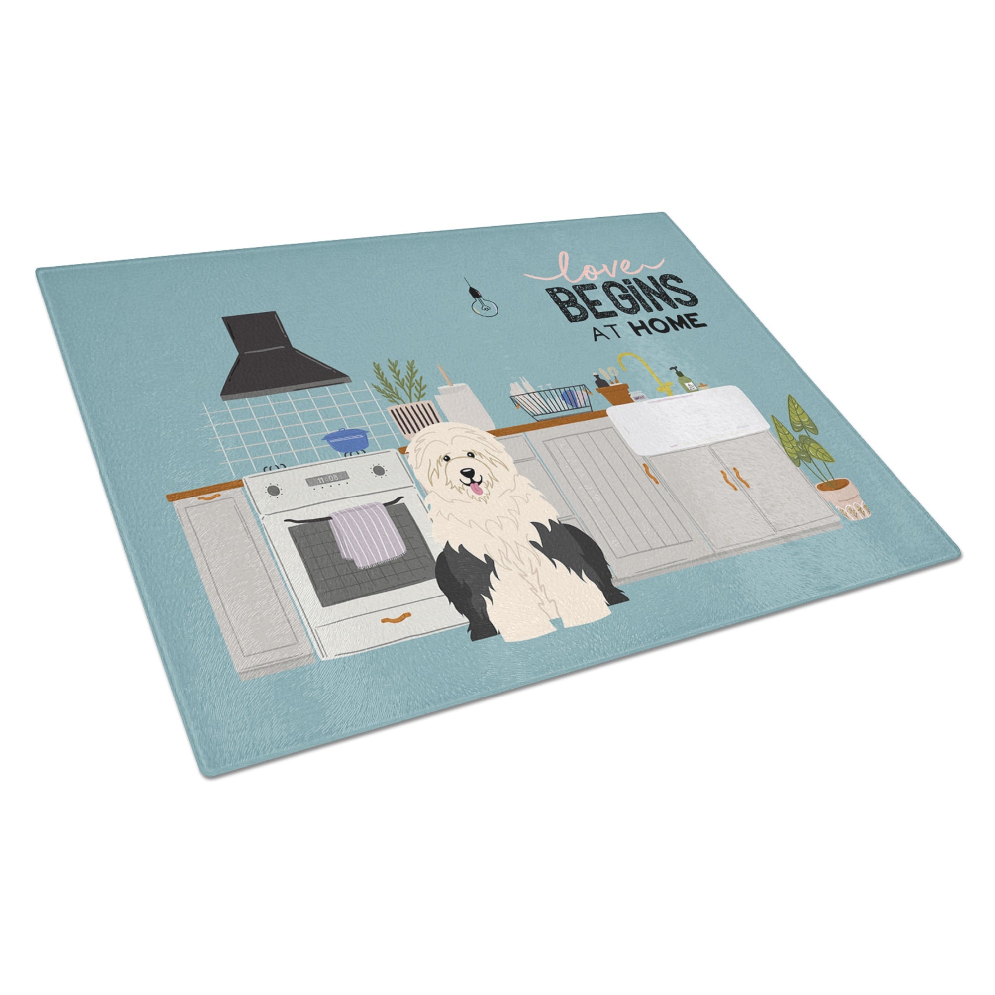 Old English Sheepdog Kitchen Scene Glass Cutting Board Large