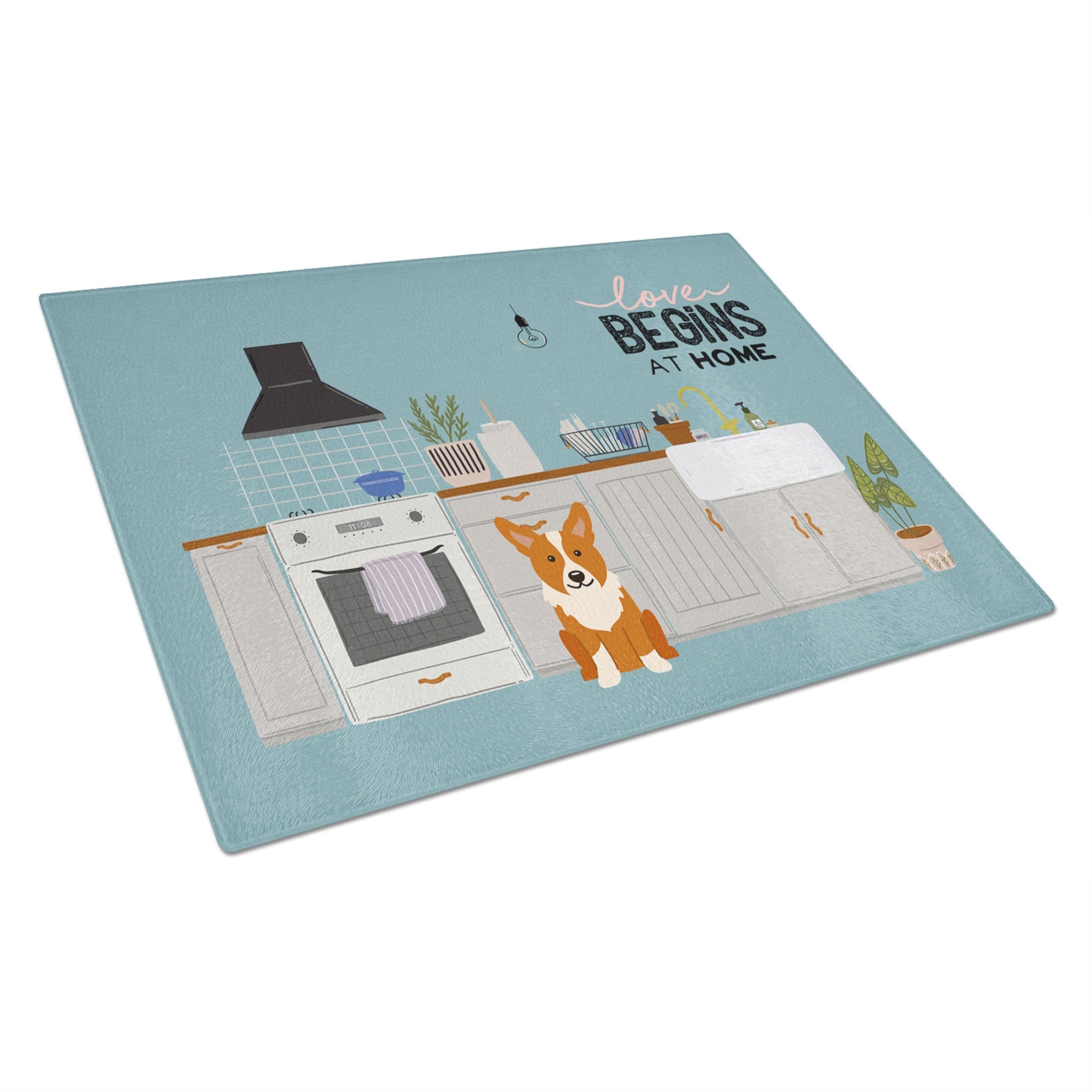 Corgi Kitchen Scene Glass Cutting Board Large