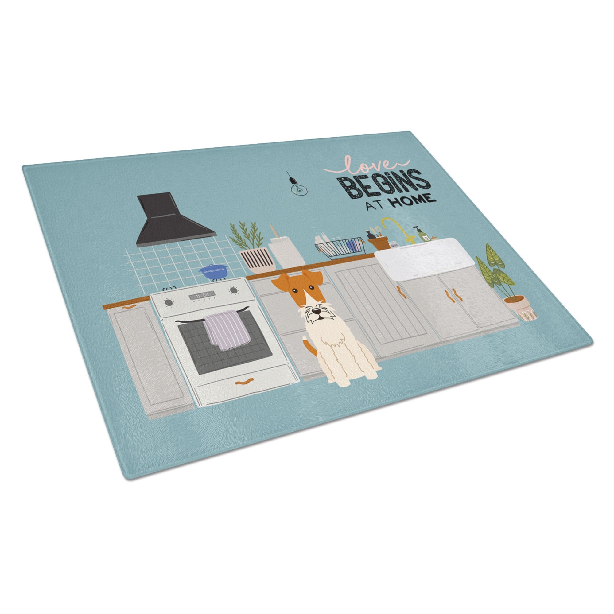 Wire Fox Terrier Kitchen Scene Glass Cutting Board Large