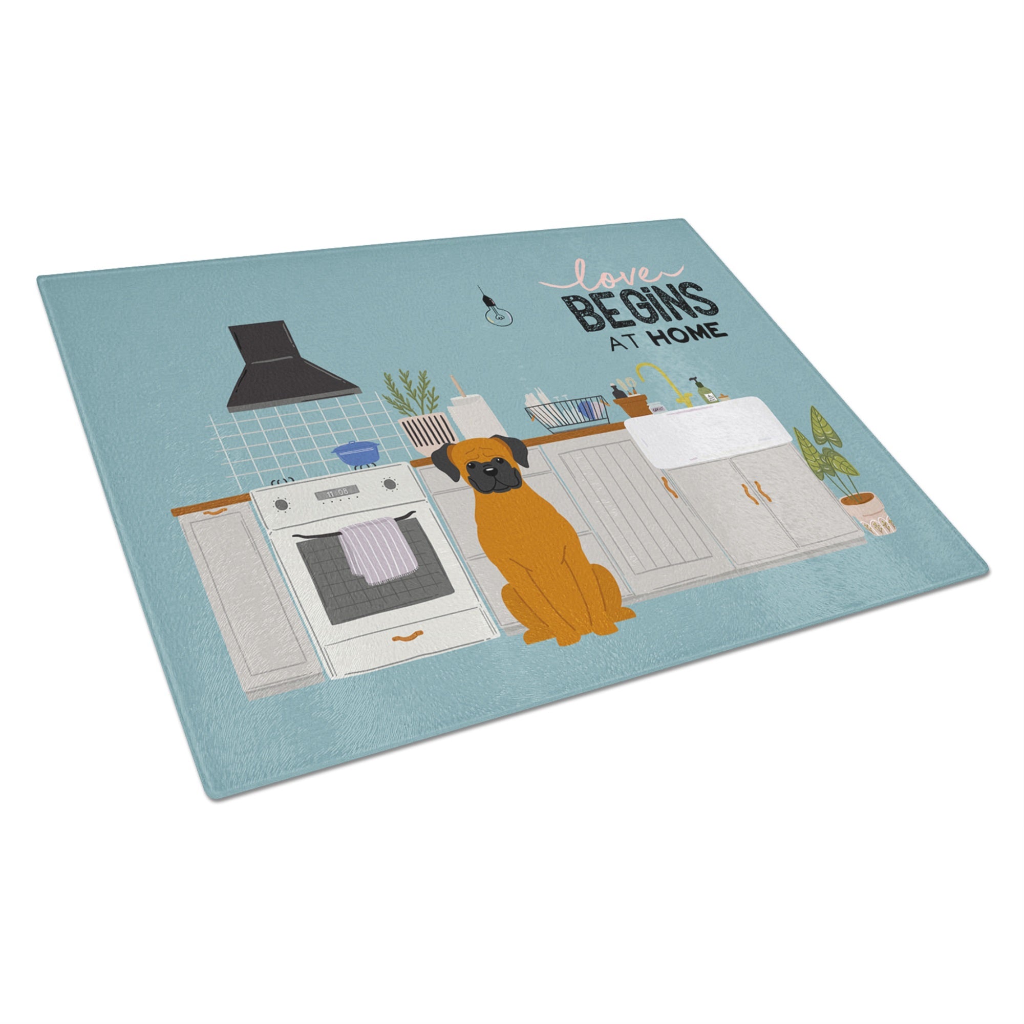 Fawn Boxer Kitchen Scene Glass Cutting Board Large