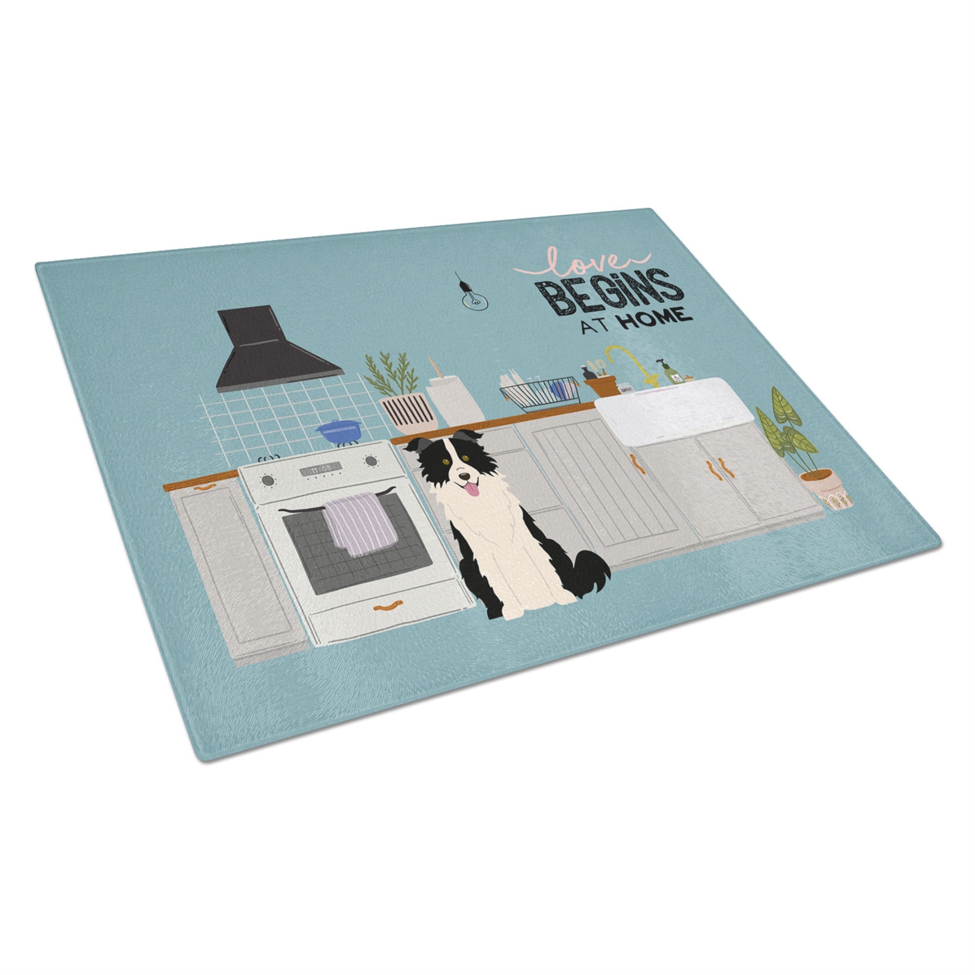 Black White Border Collie Kitchen Scene Glass Cutting Board Large