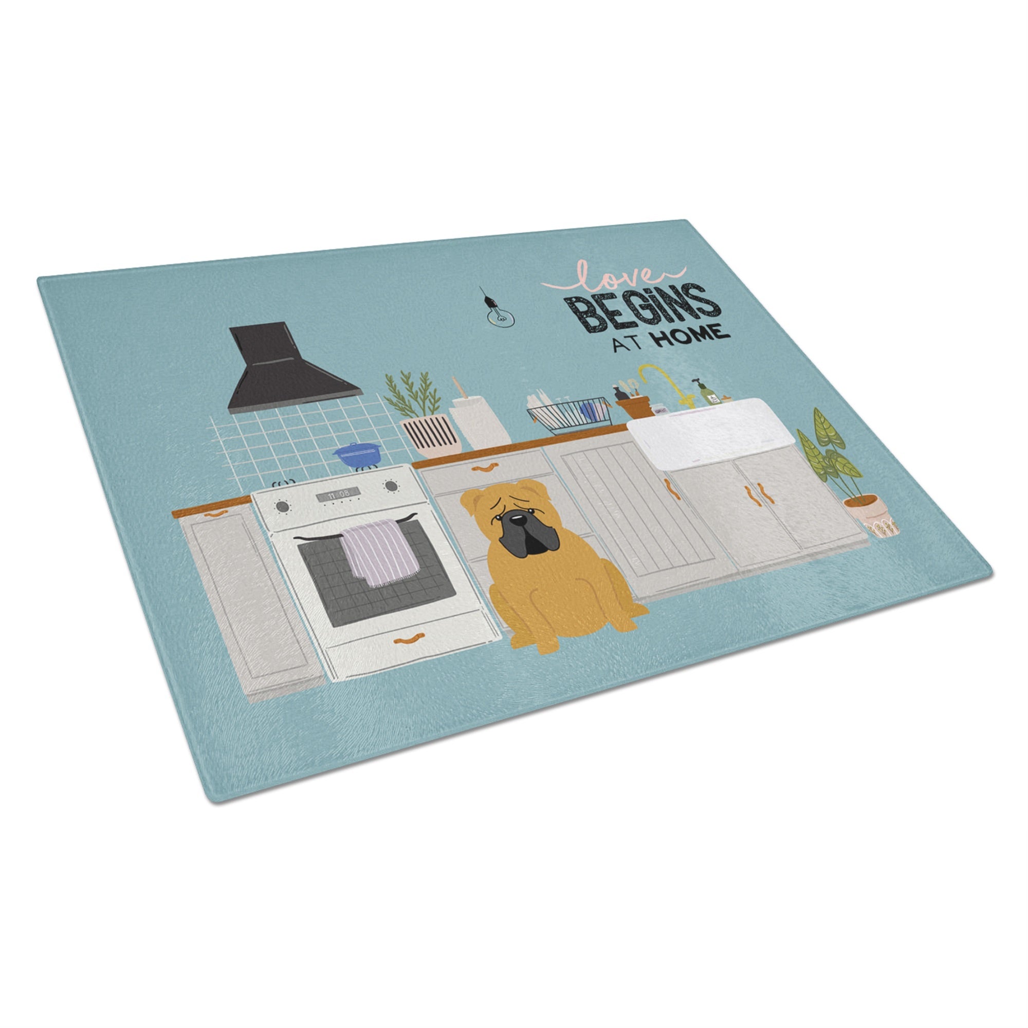 Red English Bulldog Kitchen Scene  Glass Cutting Board Large