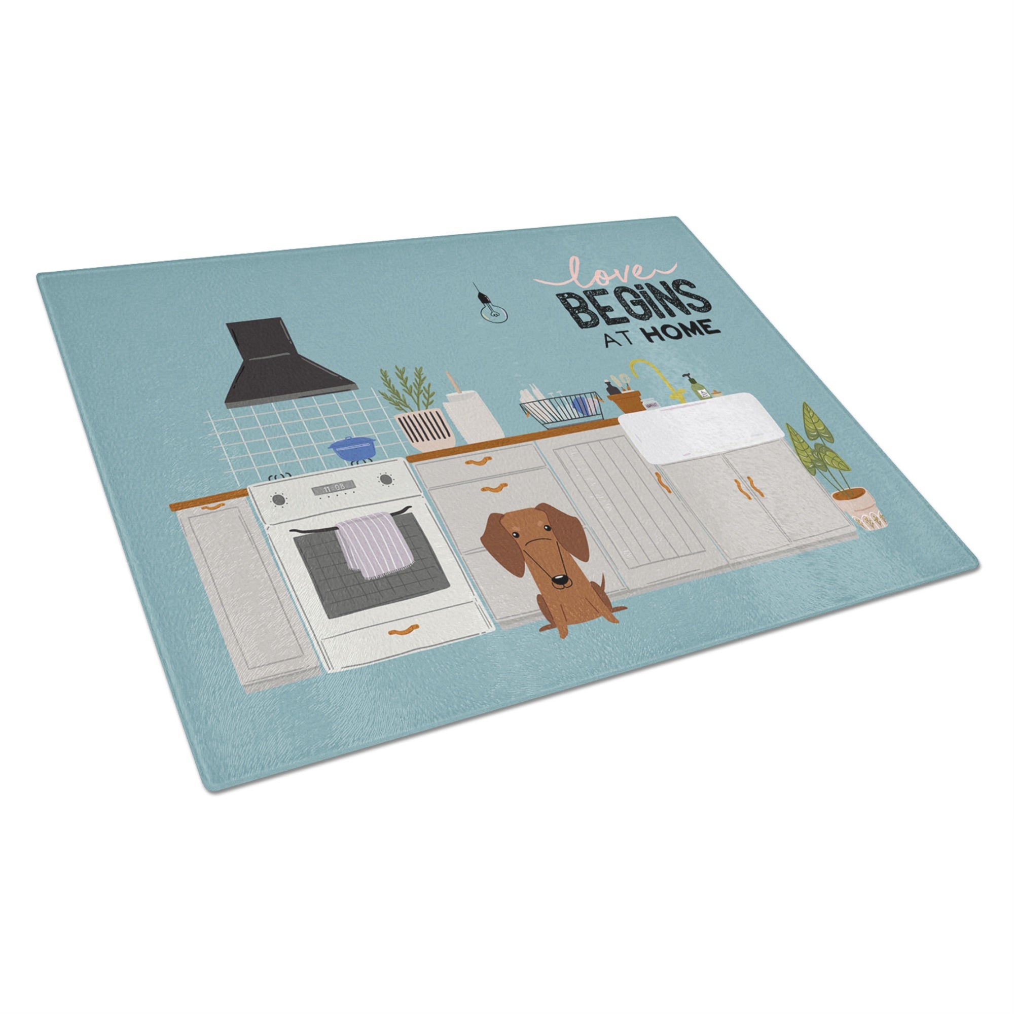 Red Brown Dachshund Kitchen Scene Glass Cutting Board Large
