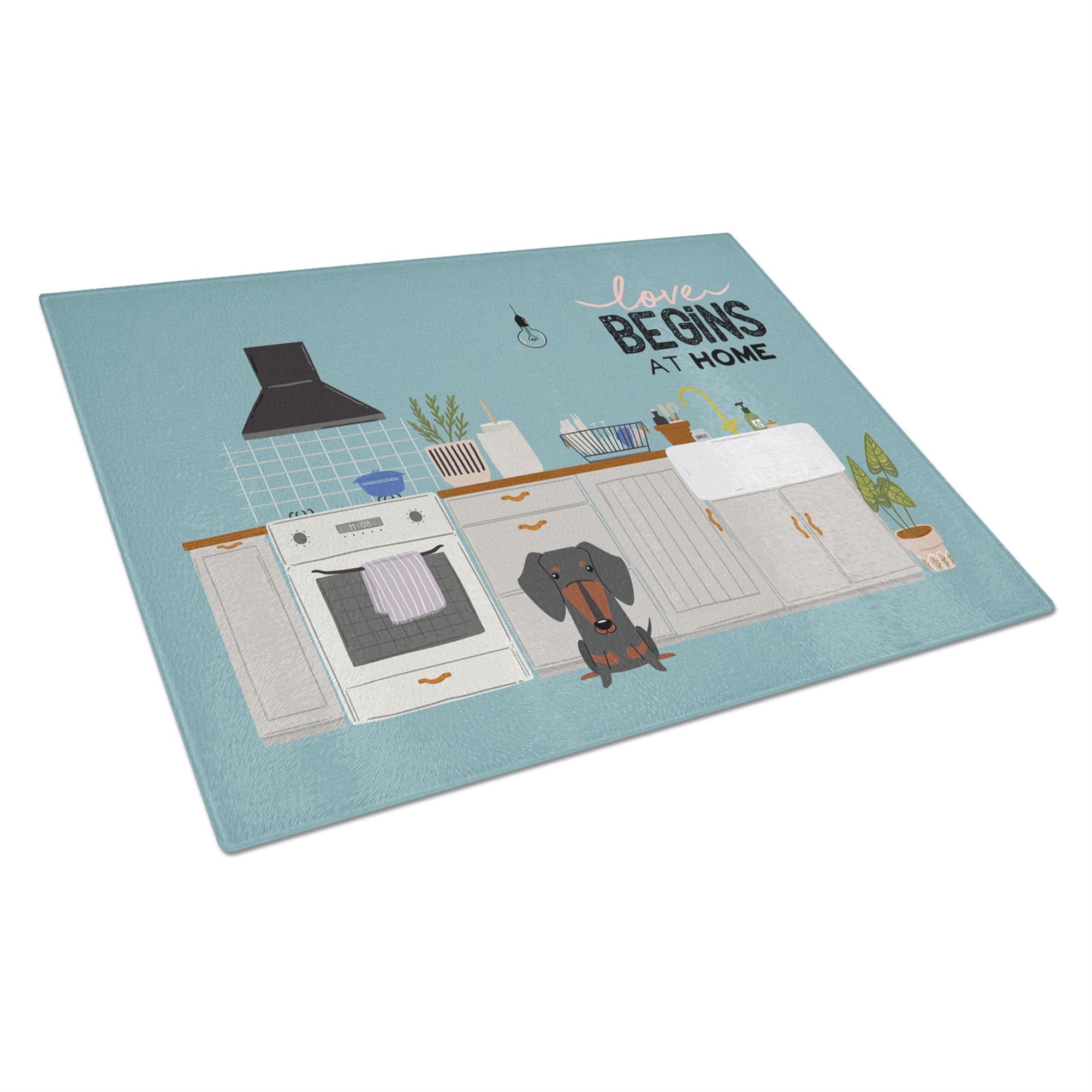 Black Tan Dachshund Kitchen Scene Glass Cutting Board Large