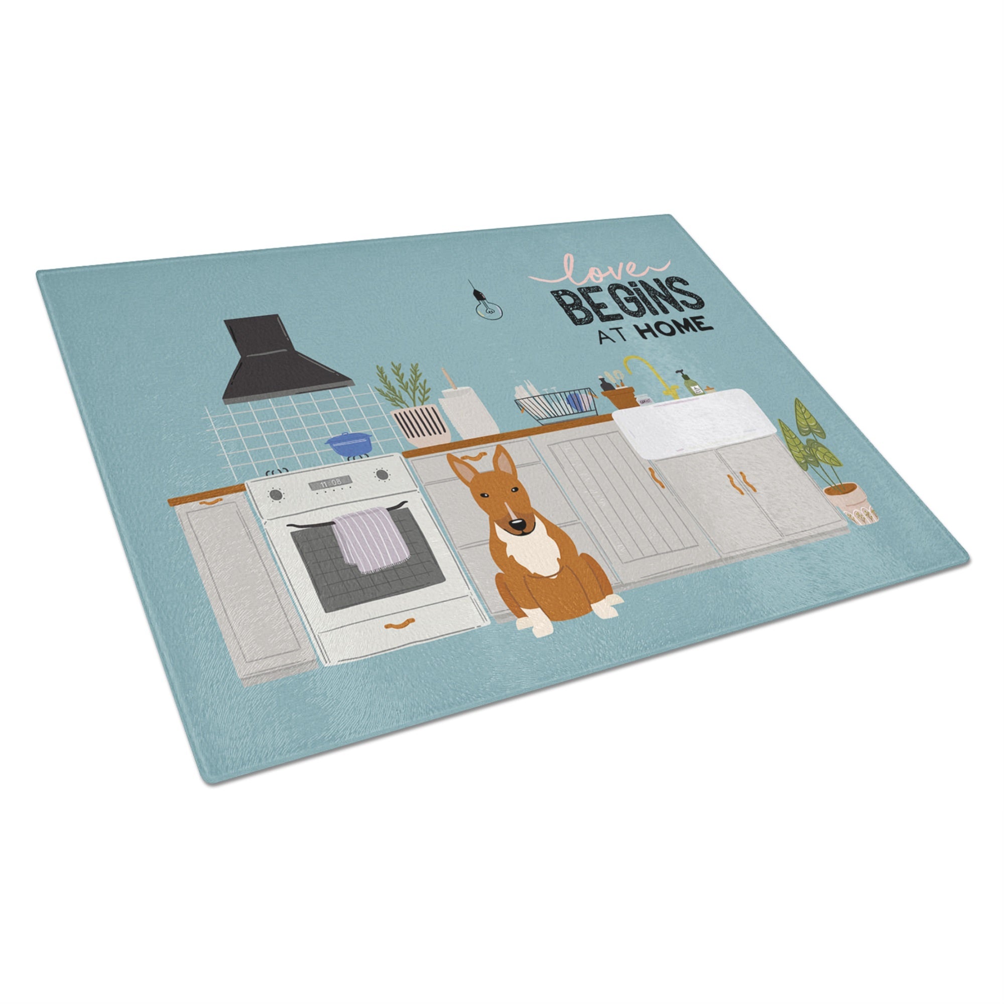 Red Bull Terrier Kitchen Scene Glass Cutting Board Large