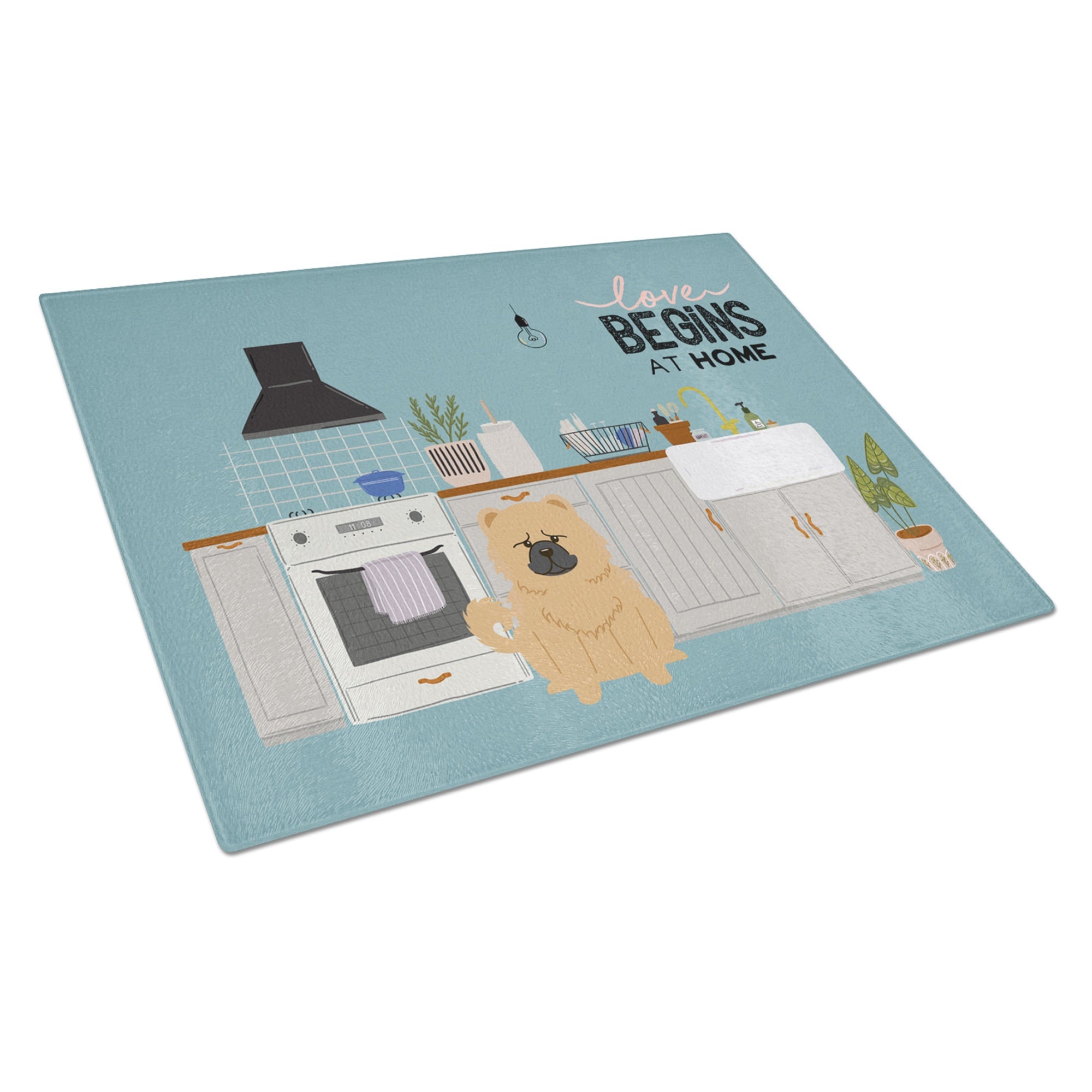 Cream Chow Chow Kitchen Scene Glass Cutting Board Large