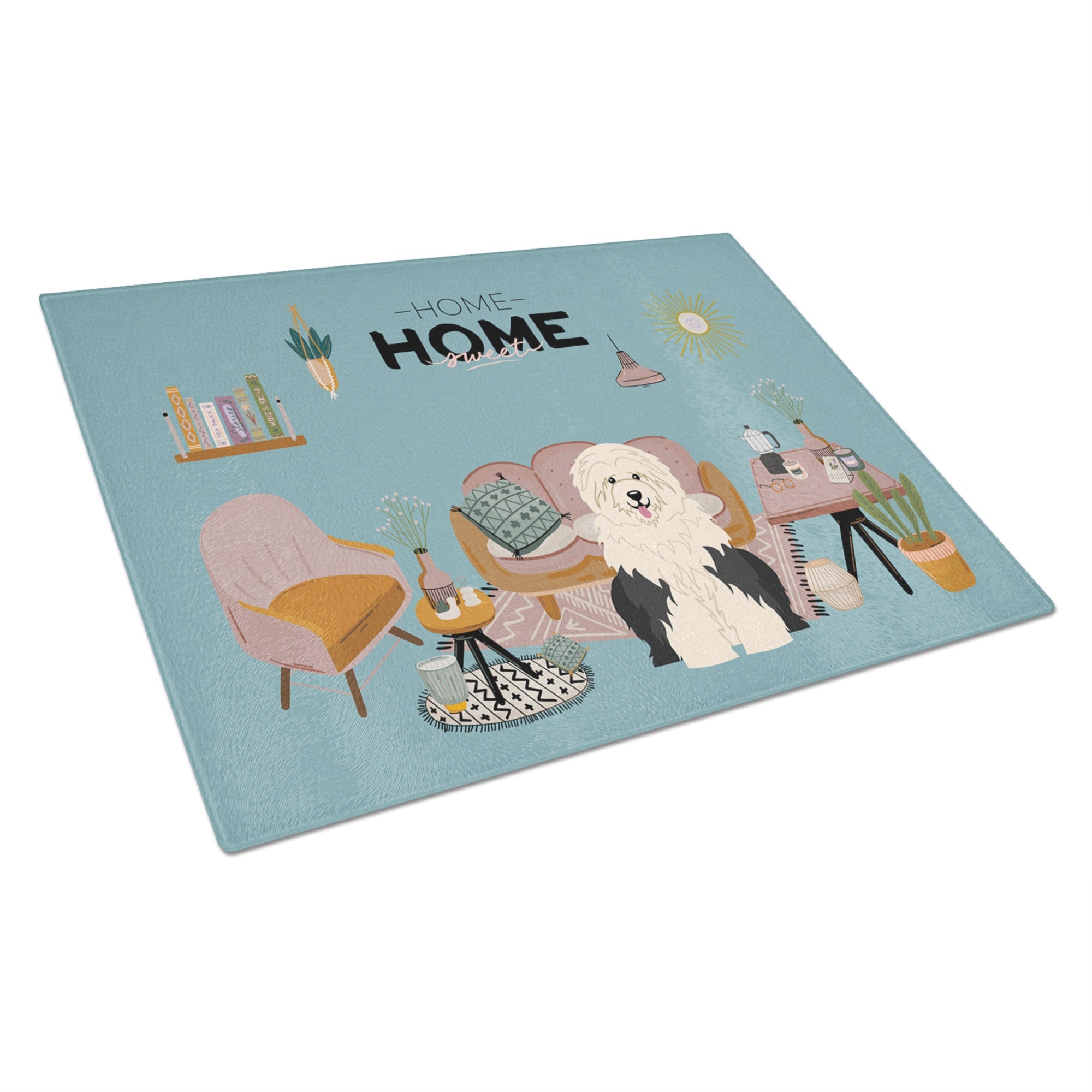 Old English Sheepdog Sweet Home Glass Cutting Board Large