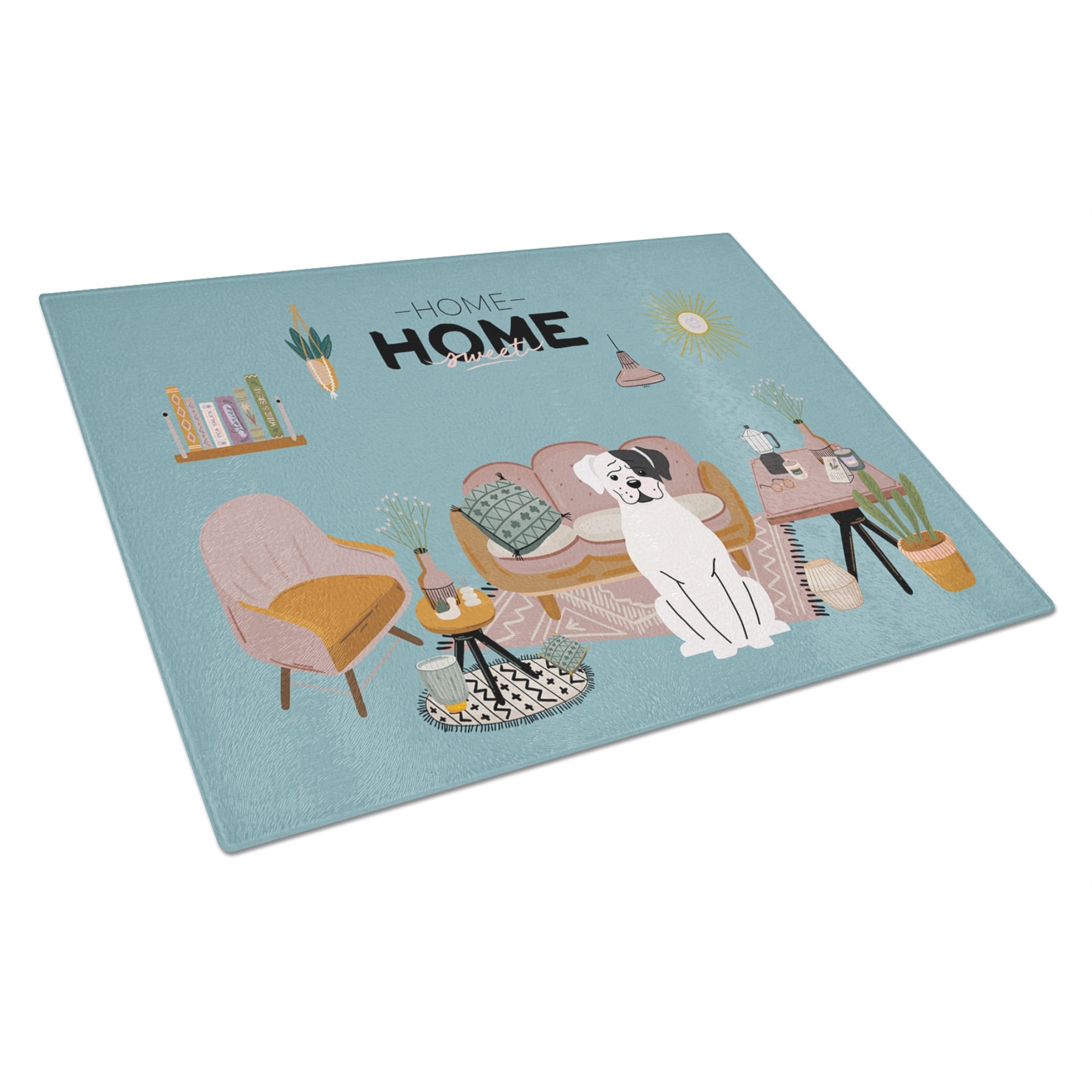 White Boxer Sweet Home Glass Cutting Board Large