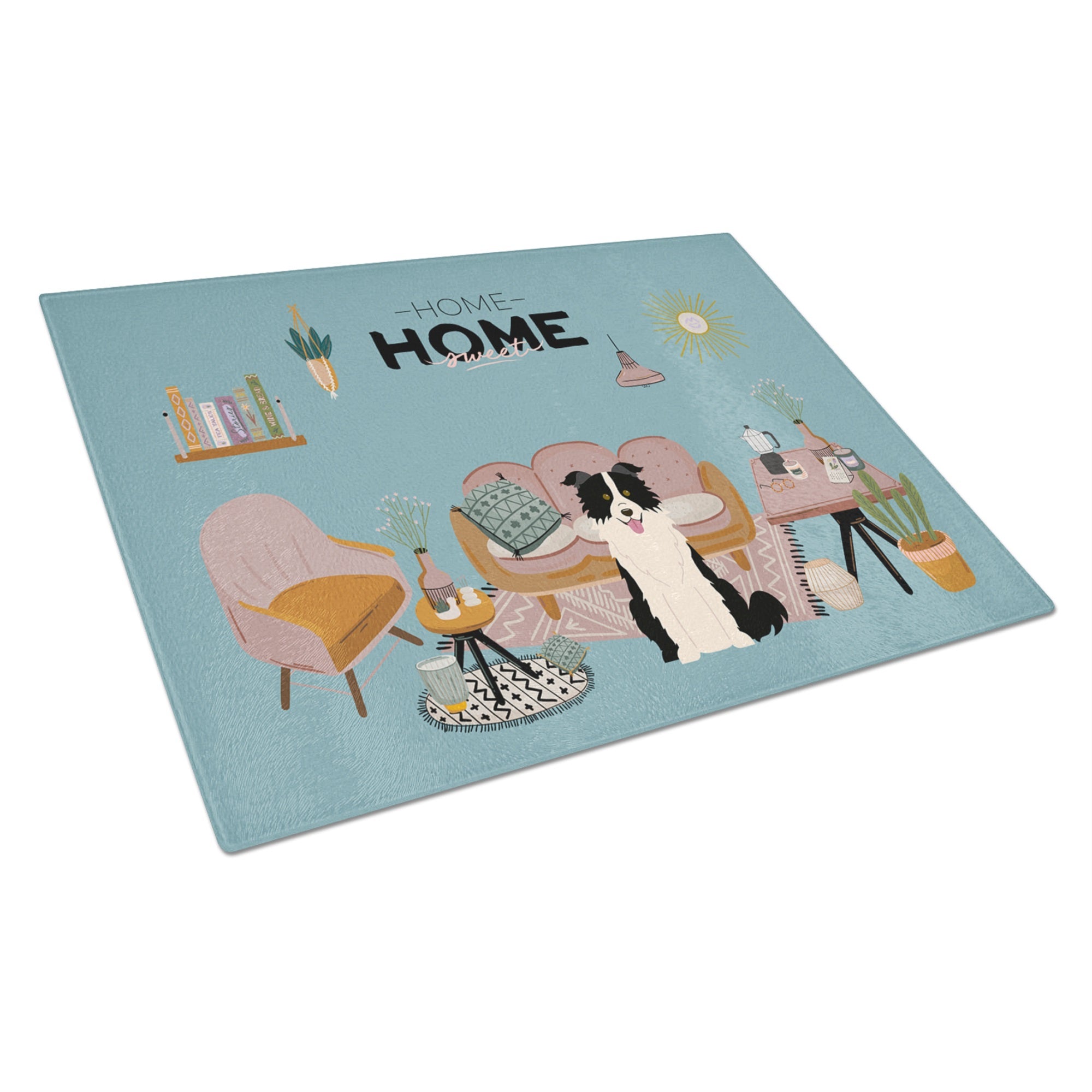 Black White Border Collie Sweet Home Glass Cutting Board Large