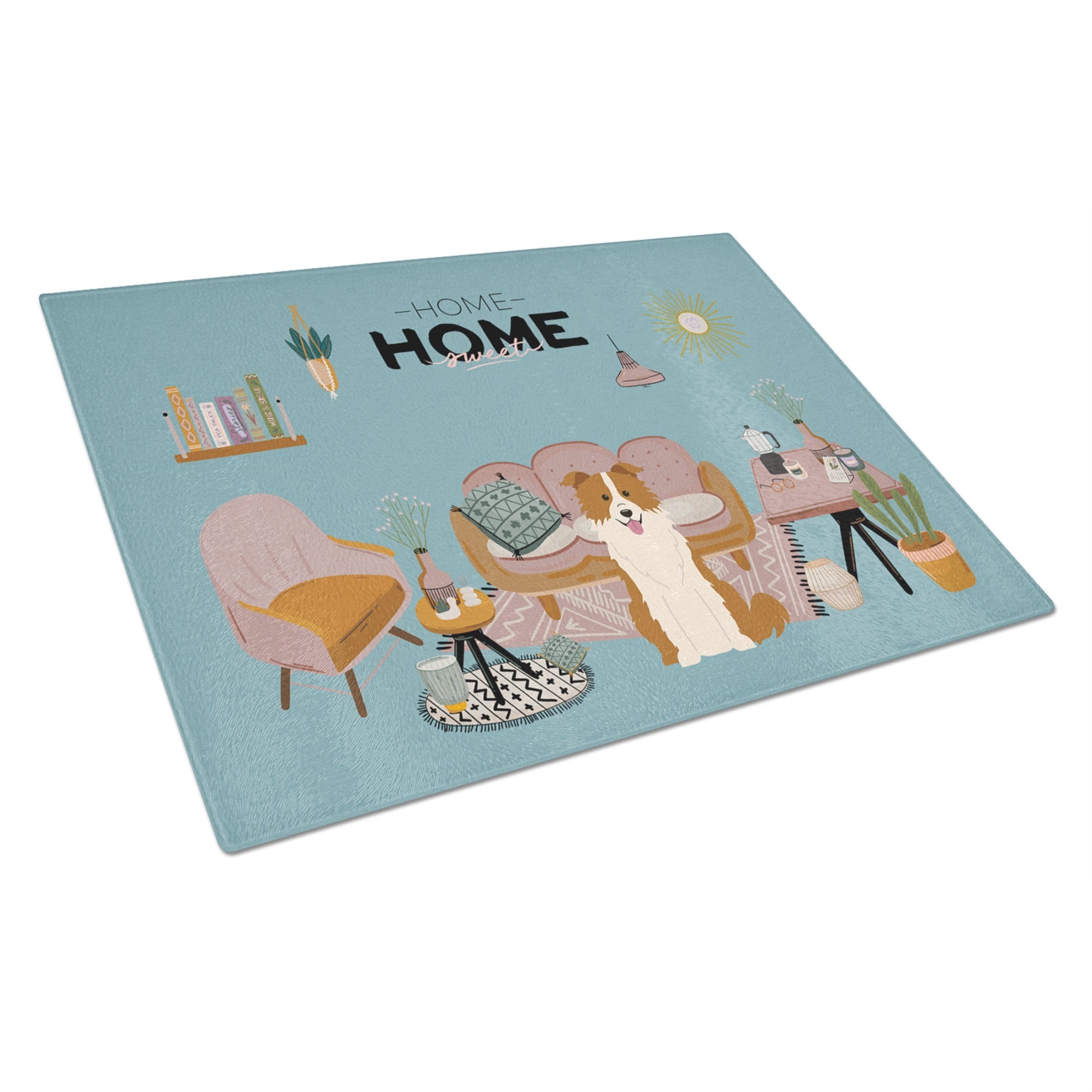 Red White Border Collie Sweet Home Glass Cutting Board Large