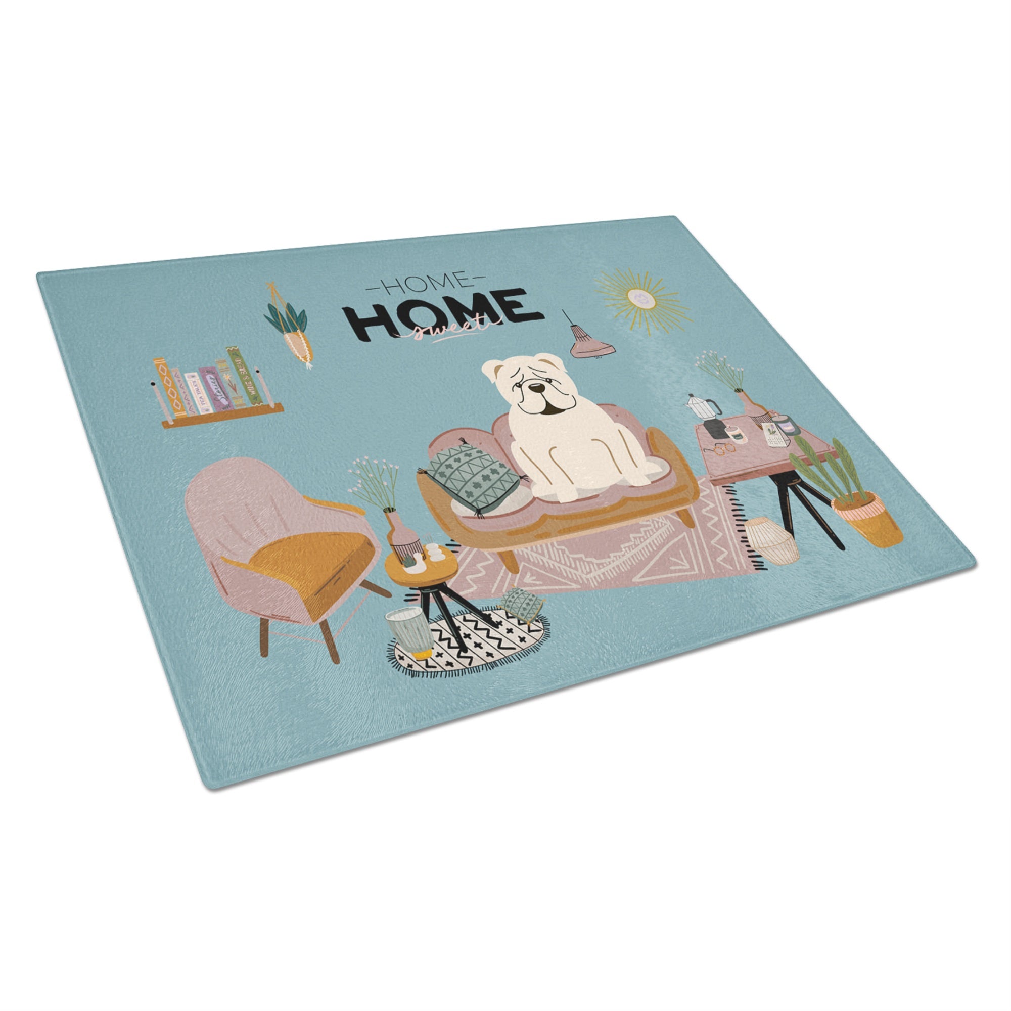 White English Bulldog Sweet Home Glass Cutting Board Large