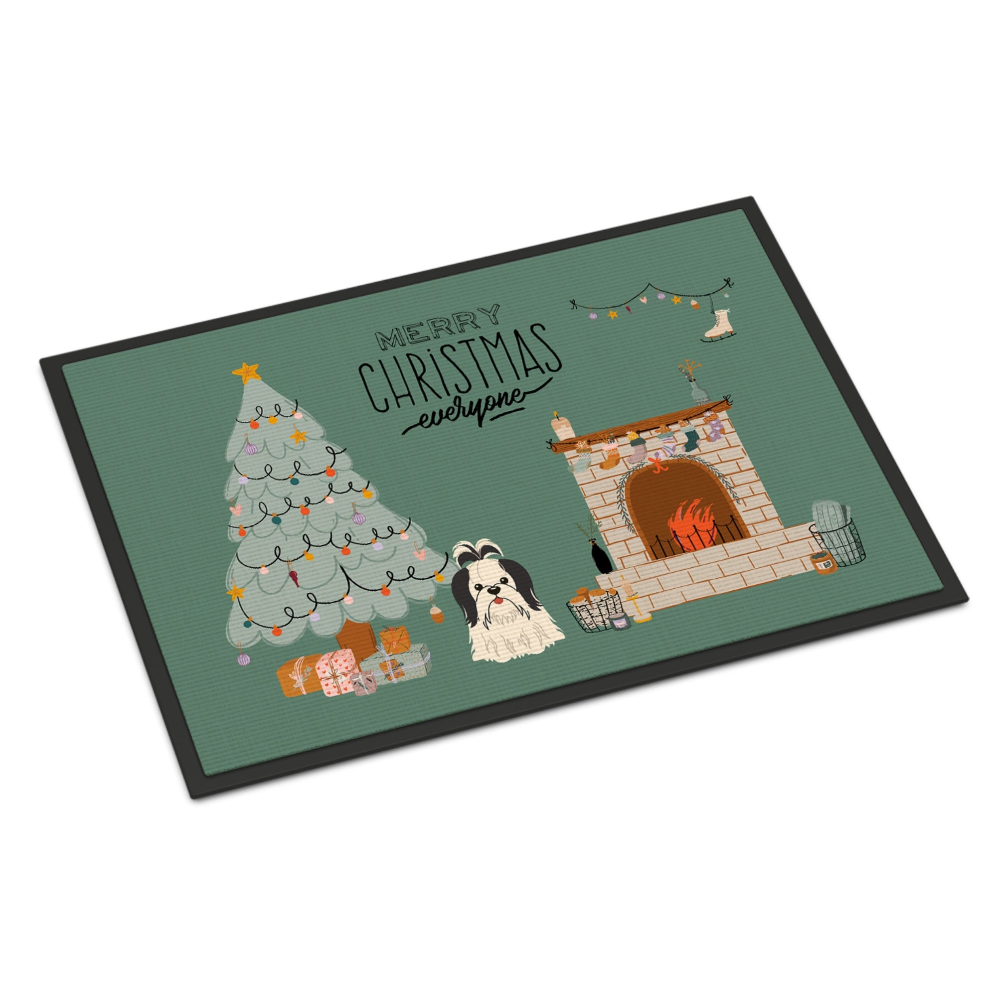 Black White Shih Tzu Christmas Everyone Indoor Or Outdoor Mat 18X27