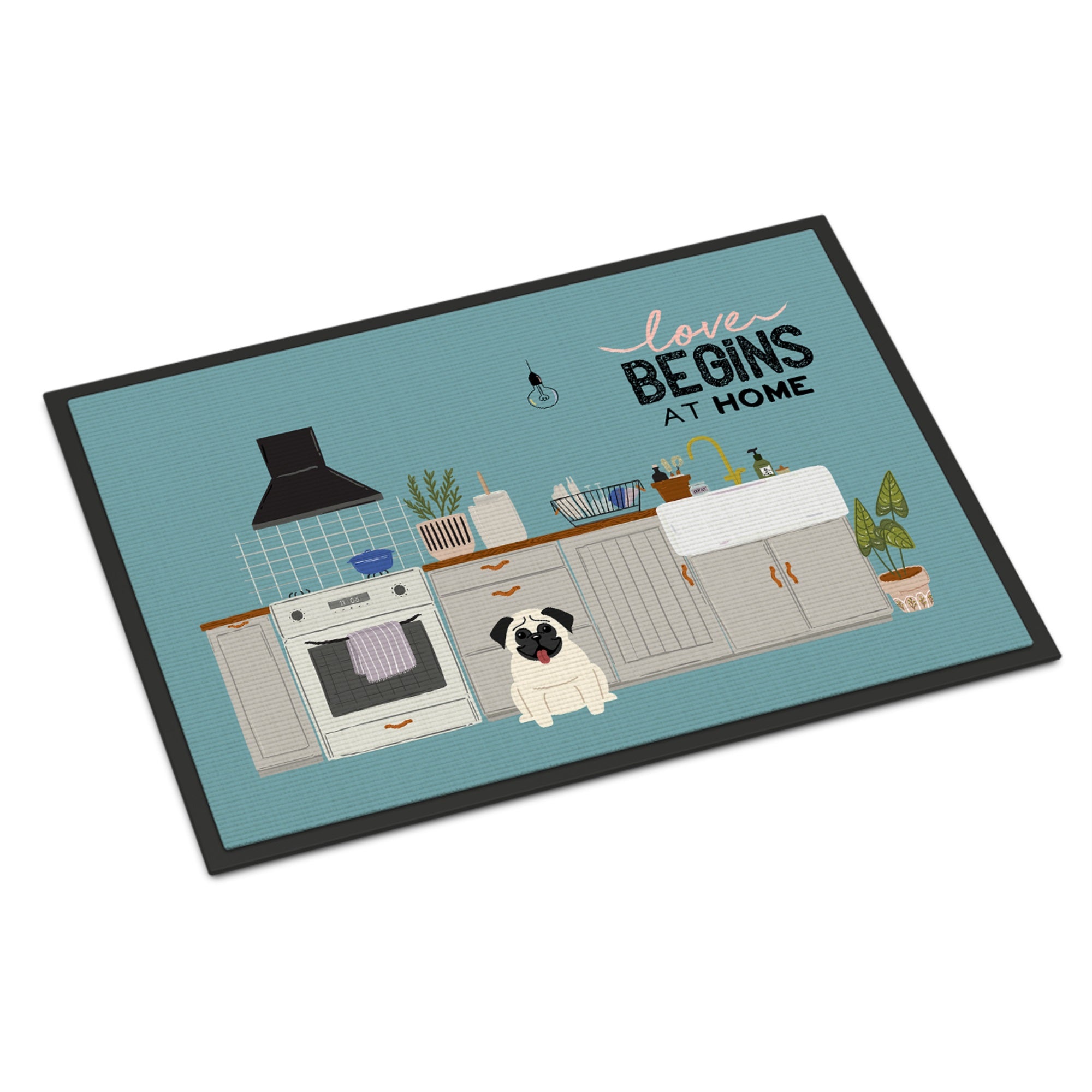 Cream Pug Kitchen Scene Indoor Or Outdoor Mat 18X27