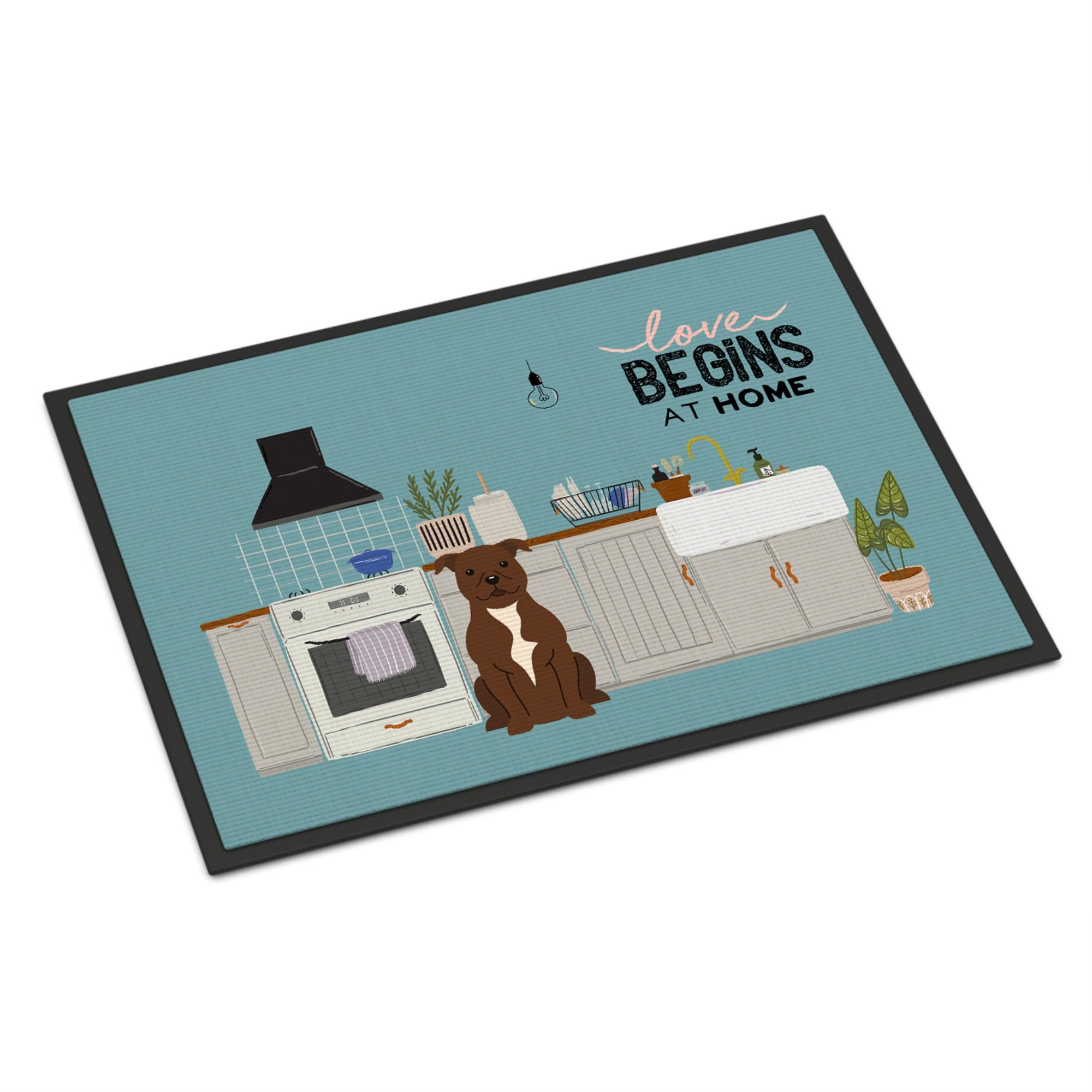 Chocolate Staffordshire Bull Terrier Kitchen Scene Indoor Or Outdoor Mat 18X27