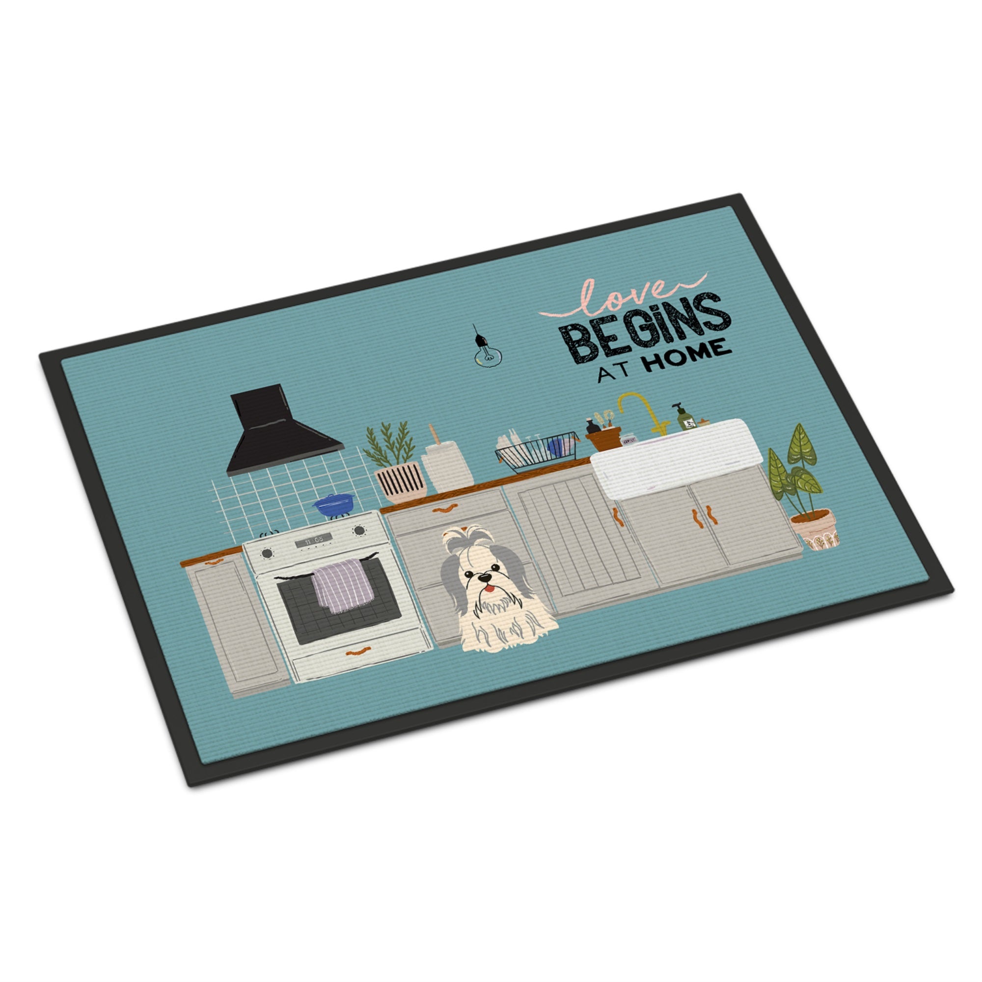 Silver White Shih Tzu Kitchen Scene Indoor Or Outdoor Mat 18X27