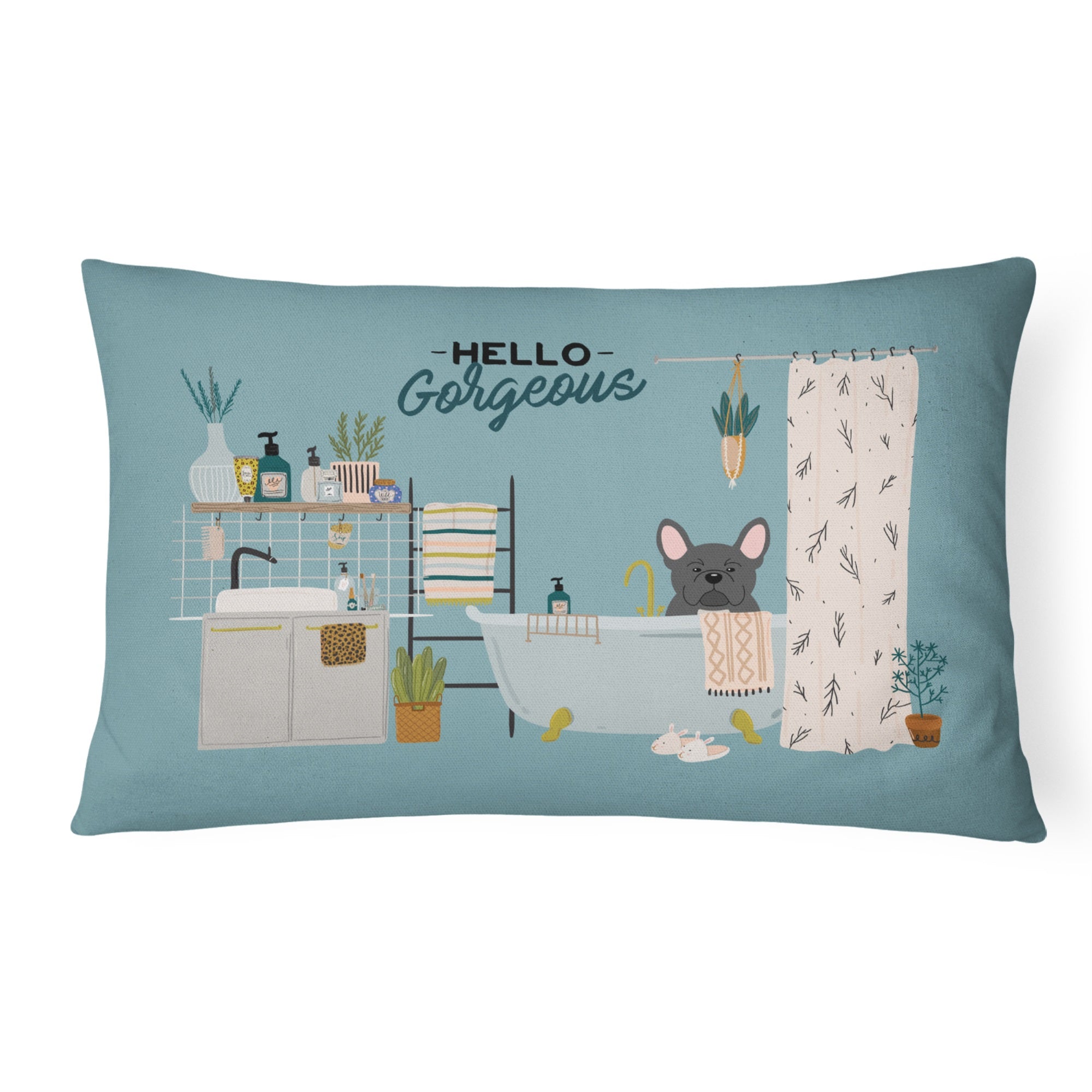 Black French Bulldog In Bathtub Canvas Fabric Decorative Pillow