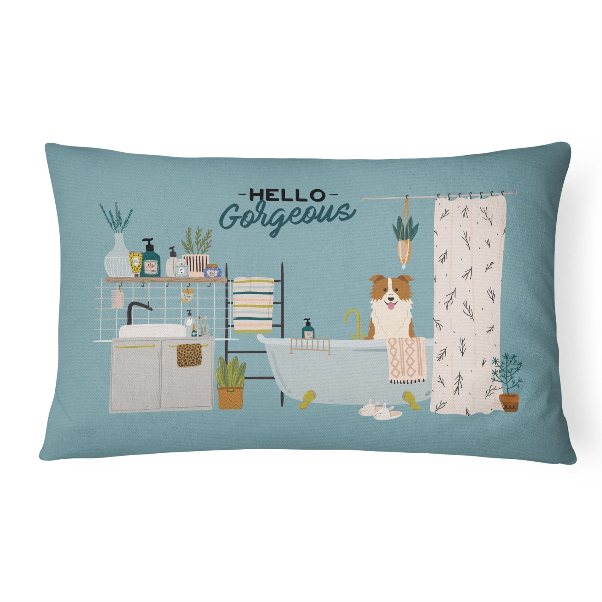 Red White Border Collie In Bathtub Canvas Fabric Decorative Pillow