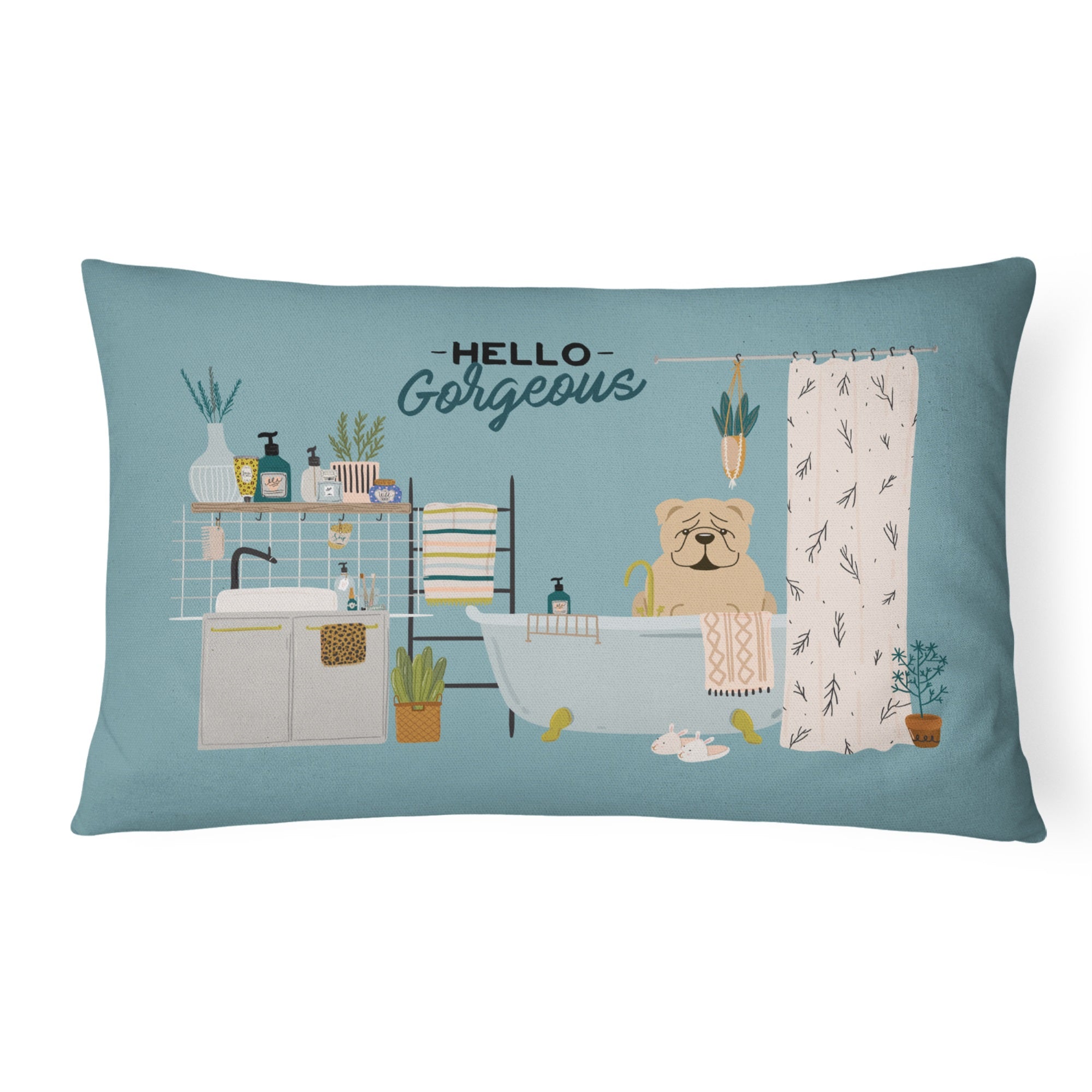 Fawn English Bulldog In Bathtub Canvas Fabric Decorative Pillow