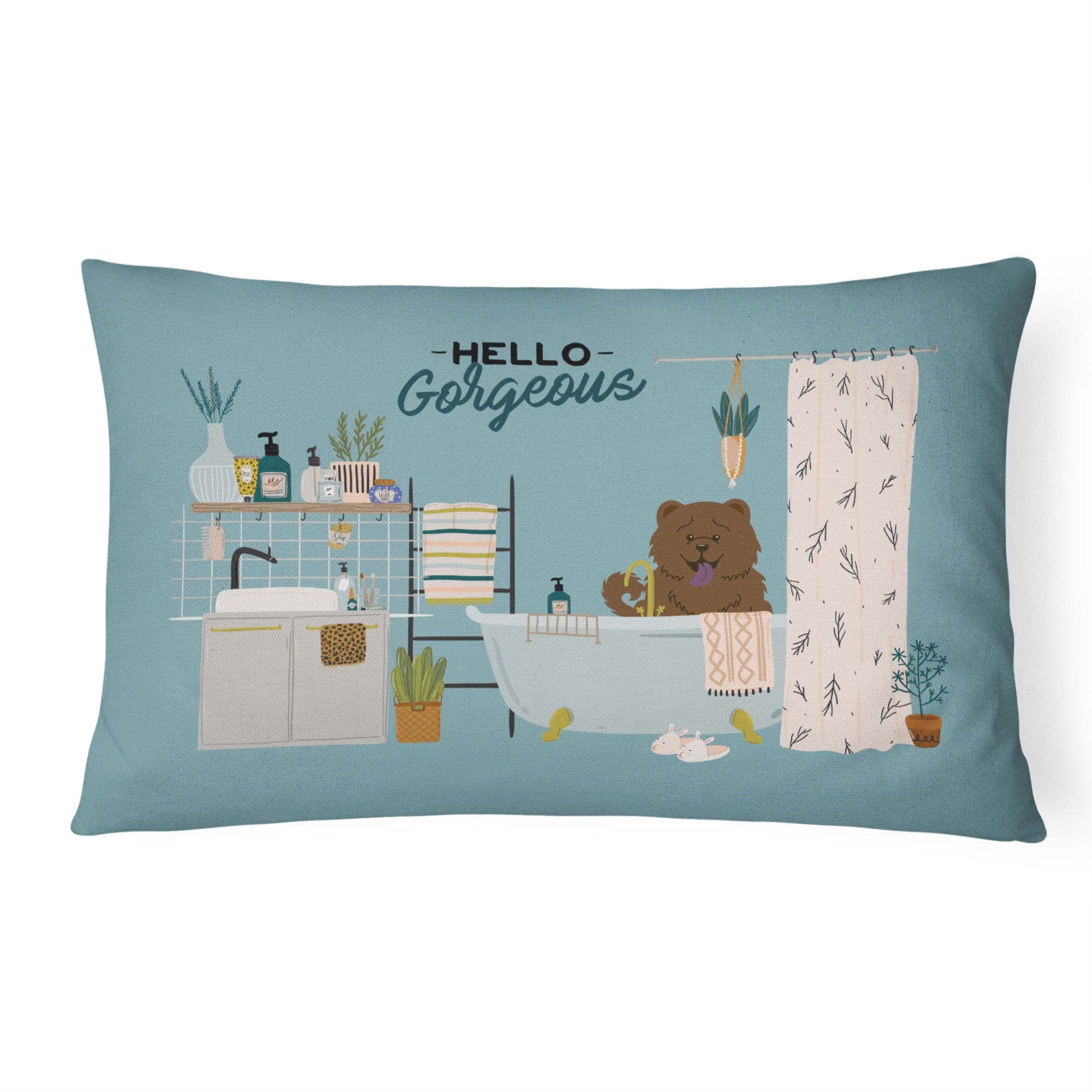 Chocolate Chow Chow In Bathtub Canvas Fabric Decorative Pillow