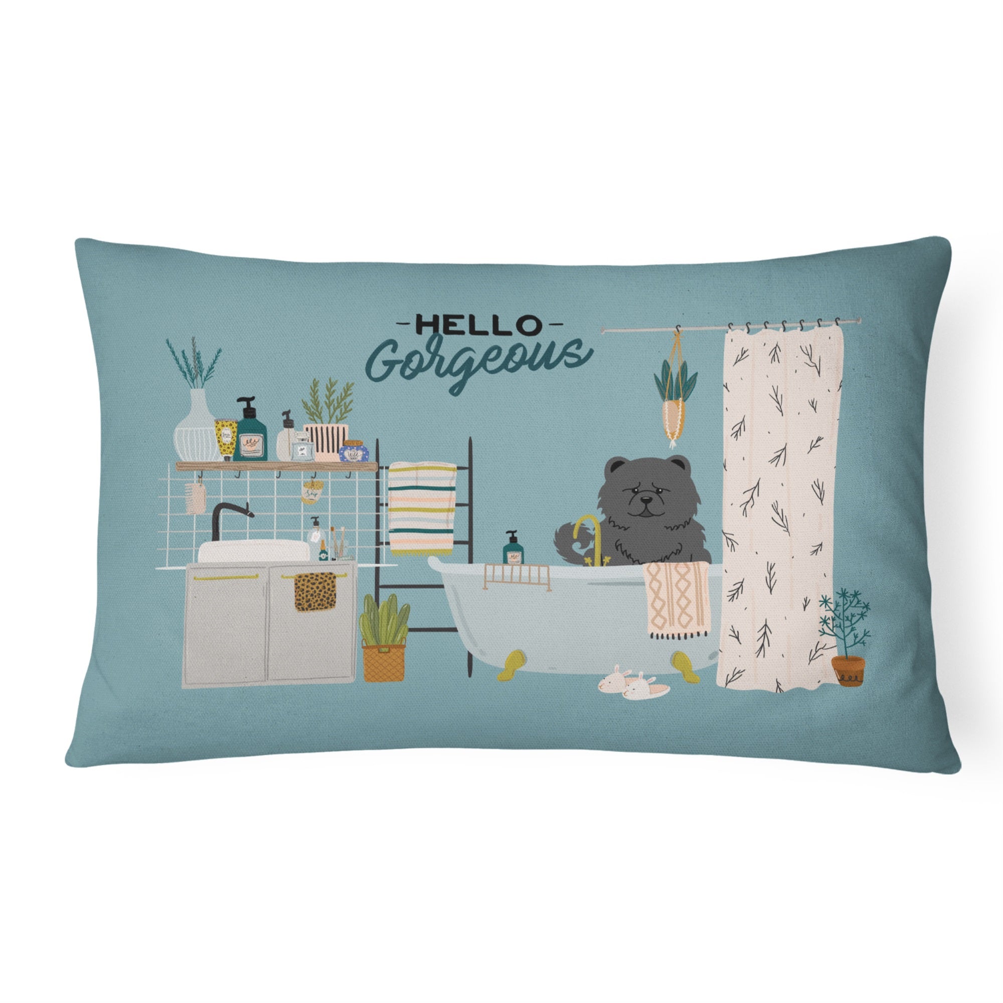 Black Chow Chow In Bathtub Canvas Fabric Decorative Pillow