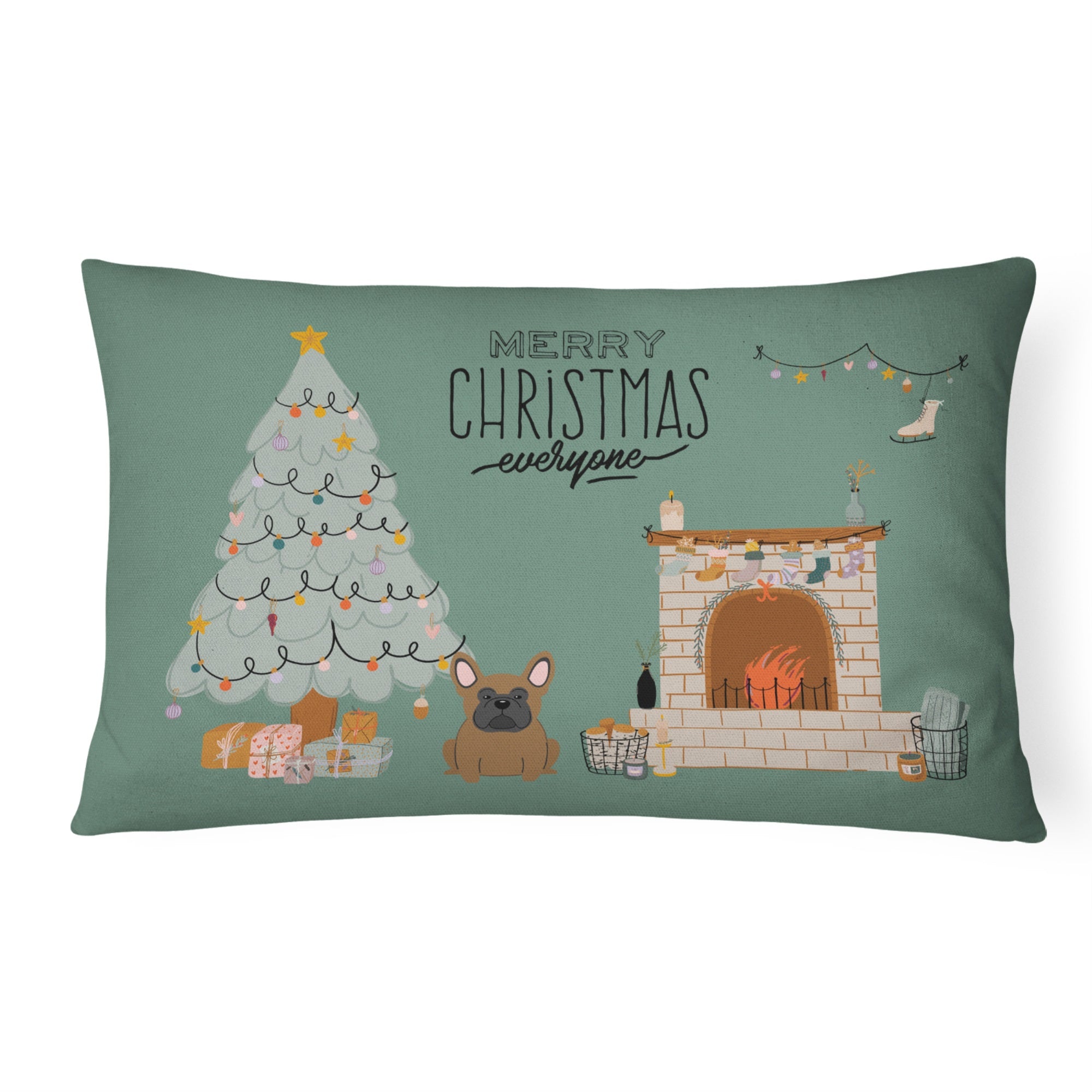 Brown French Bulldog Christmas Everyone Canvas Fabric Decorative Pillow