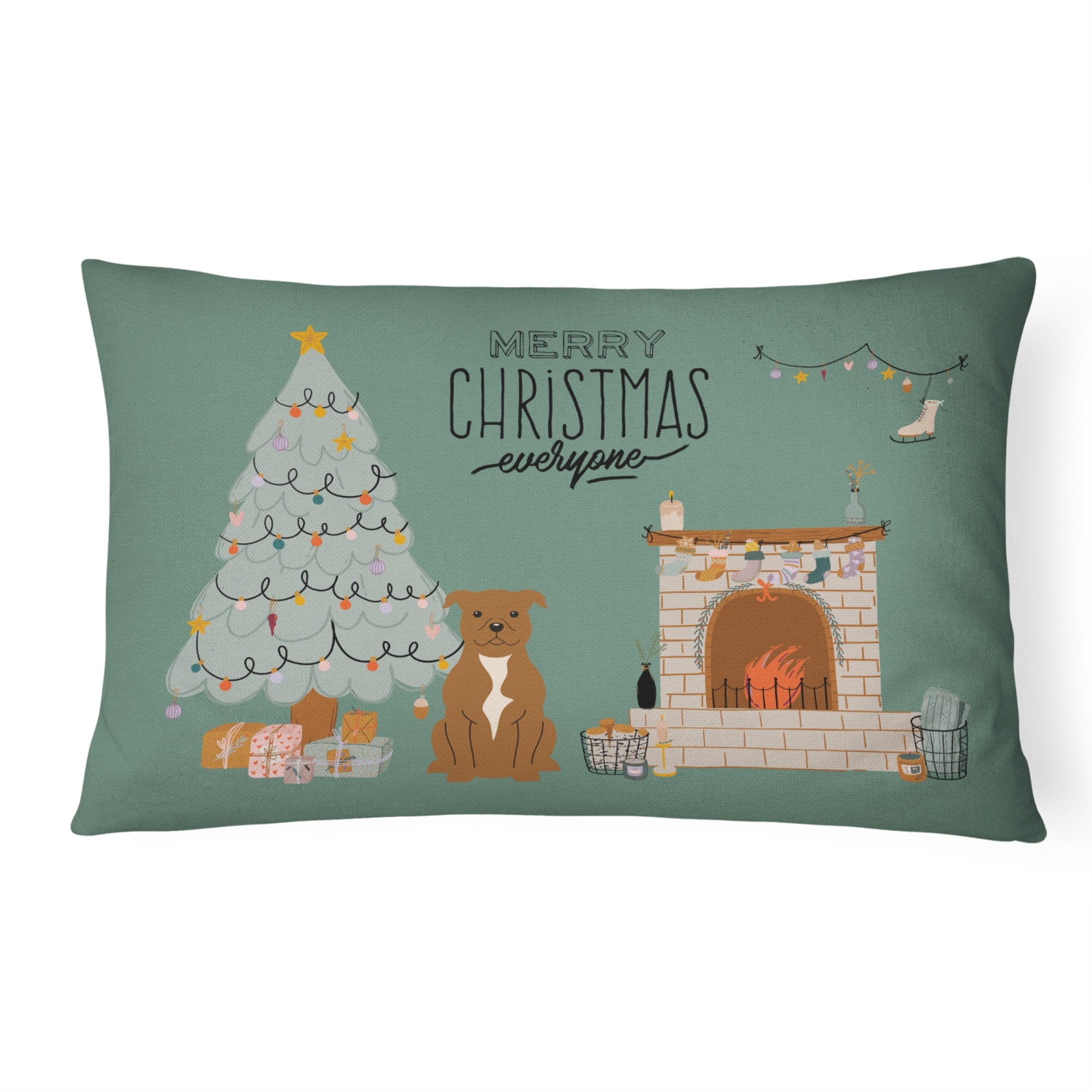 Brown Staffordshire Bull Terrier Christmas Everyone Canvas Fabric Decorative Pillow